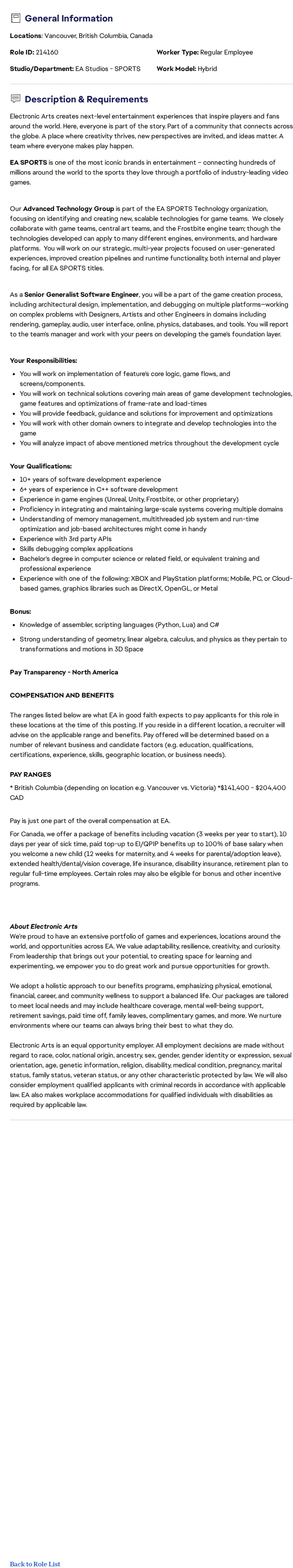ElectronicArts Senior C++ Generalist Software Engineer - Advanced Technology Group 채용공고