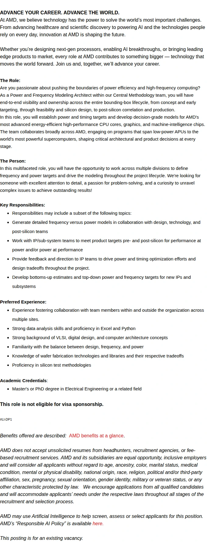 AMD Power Modeling Architect (CPU/GPU Accelerators) 채용공고
