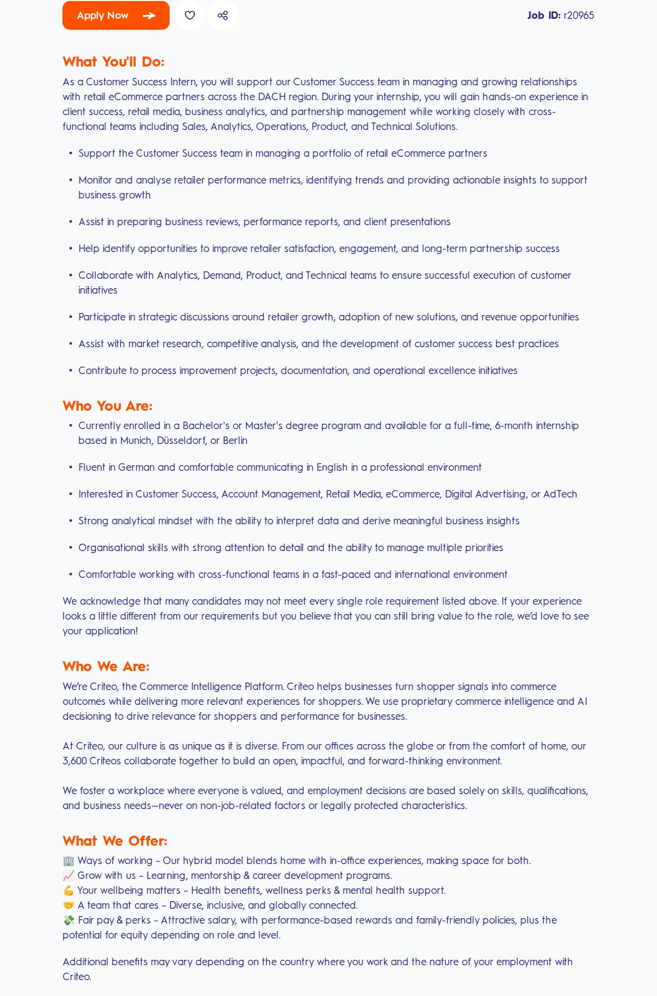 크리테오 Customer Success Intern, 6-month (German-Speaker) 채용공고