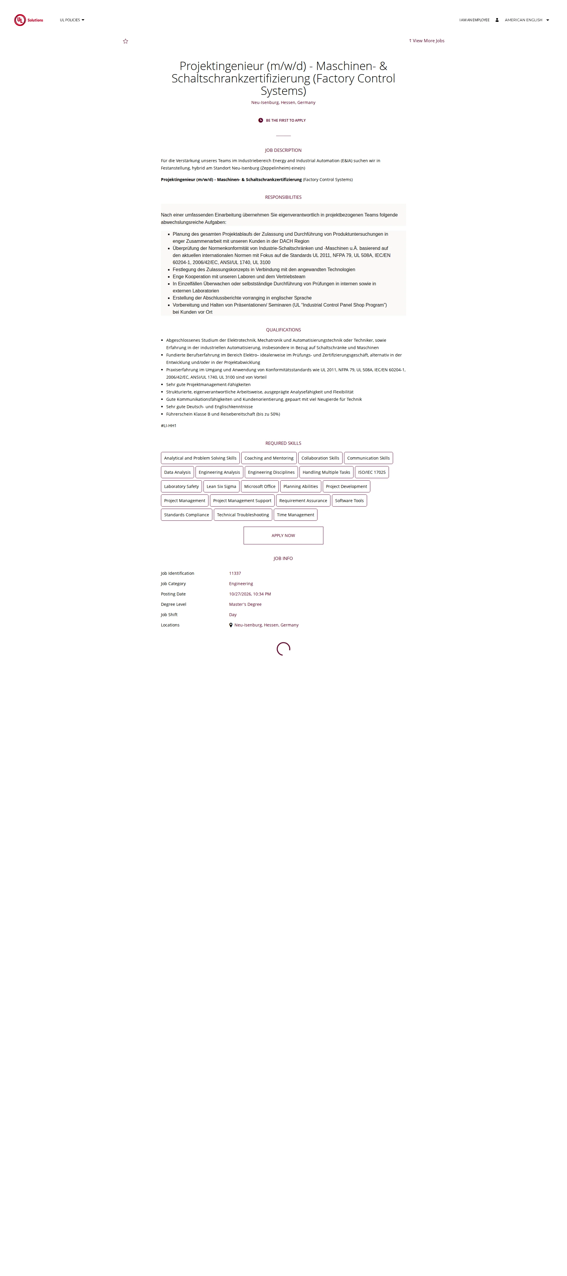 UL Solutions Projektingenieur (m/w/d) - Maschinen- & Schaltschrankzertifizierung (Factory Control Systems) 채용공고