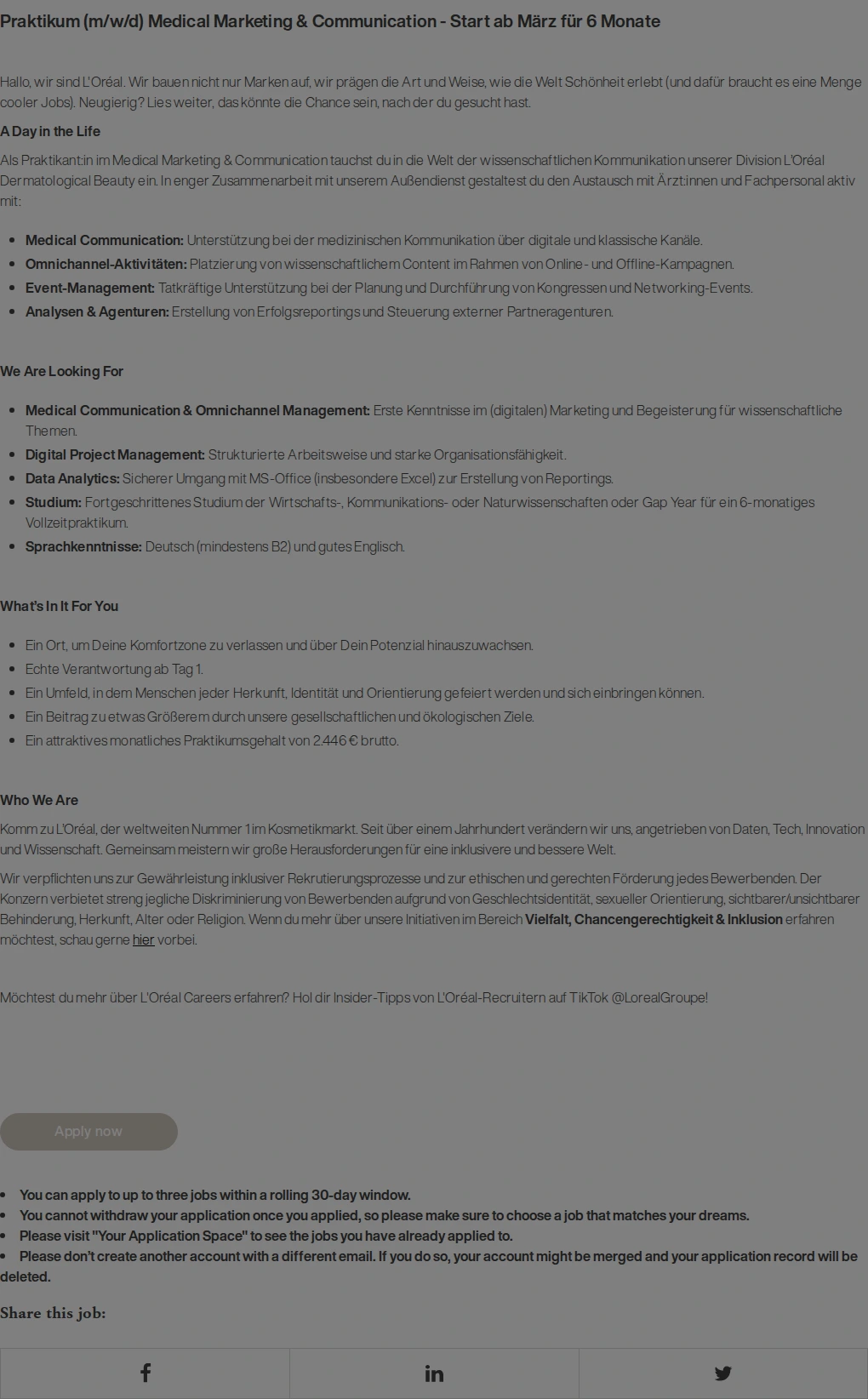로레알(L'Oreal) PRAKTIKUM (M/W/D) Medical Marketing & Communication - Start März für 6 Monate 채용공고