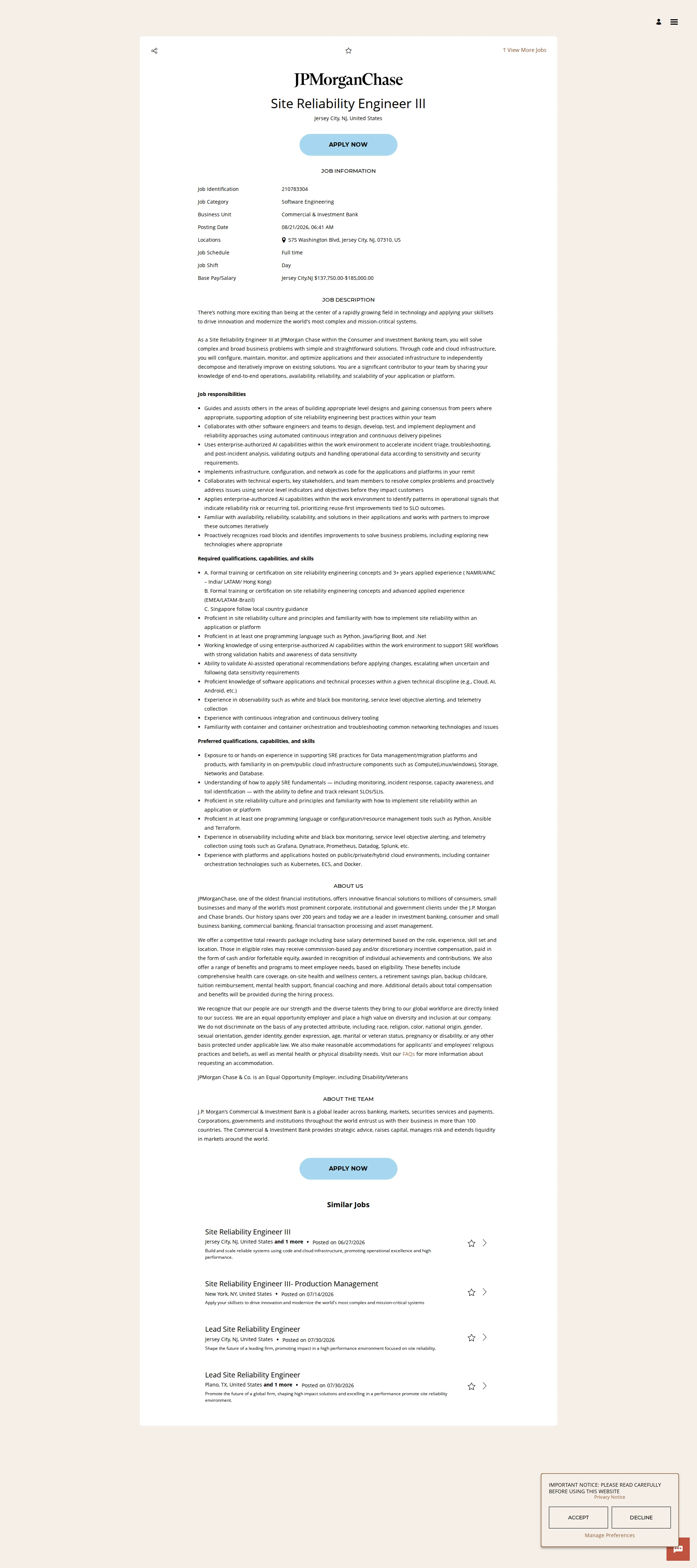 JPMorganChase Site Reliability Engineer III 채용공고