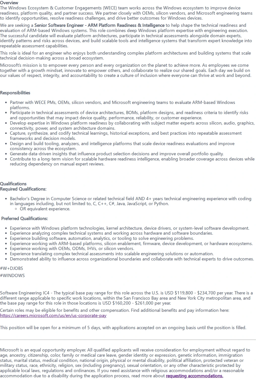 마이크로소프트(Microsoft) Senior Software Engineer - ARM Platform Readiness & Intelligence 채용공고