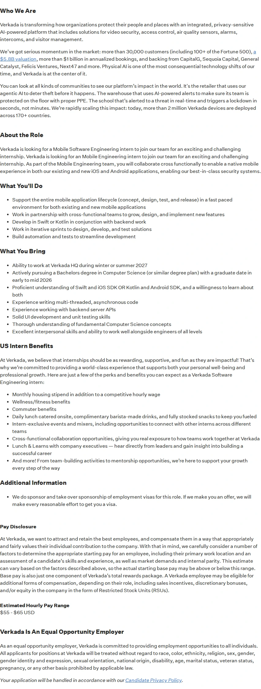 버카다 Mobile Software Engineering Intern 2027 채용공고