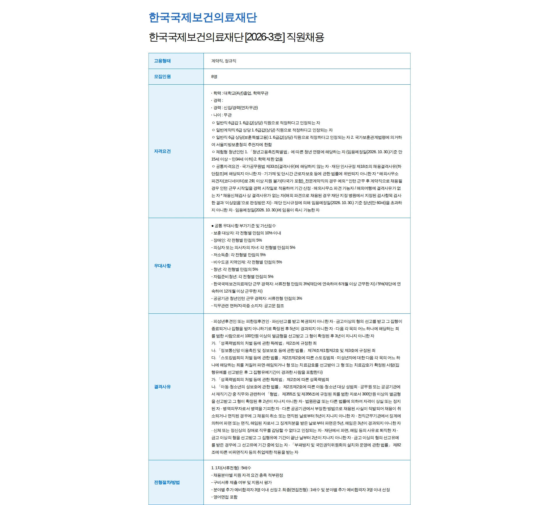 한국국제보건의료재단 한국국제보건의료재단 [2026-3호] 직원채용 채용공고