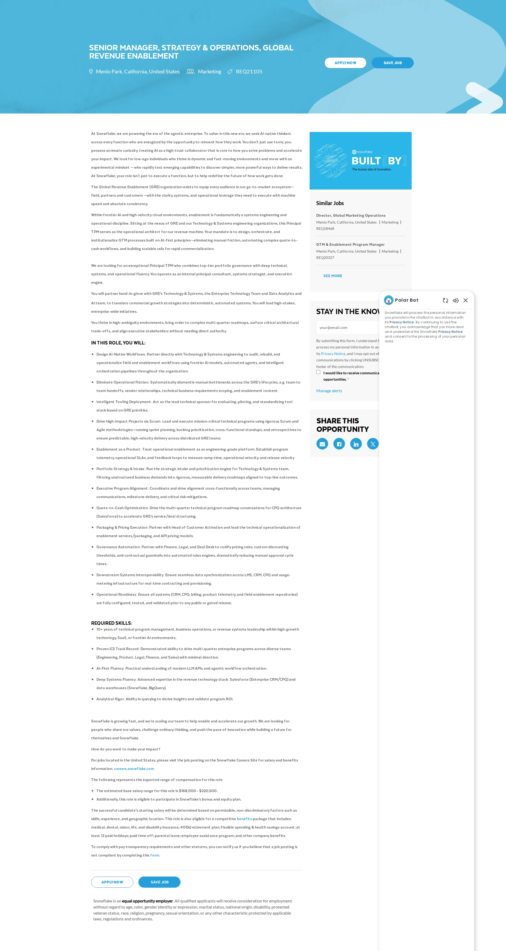 스노우플레이크 Senior Manager, Strategy & Operations, Global Revenue Enablement 채용공고