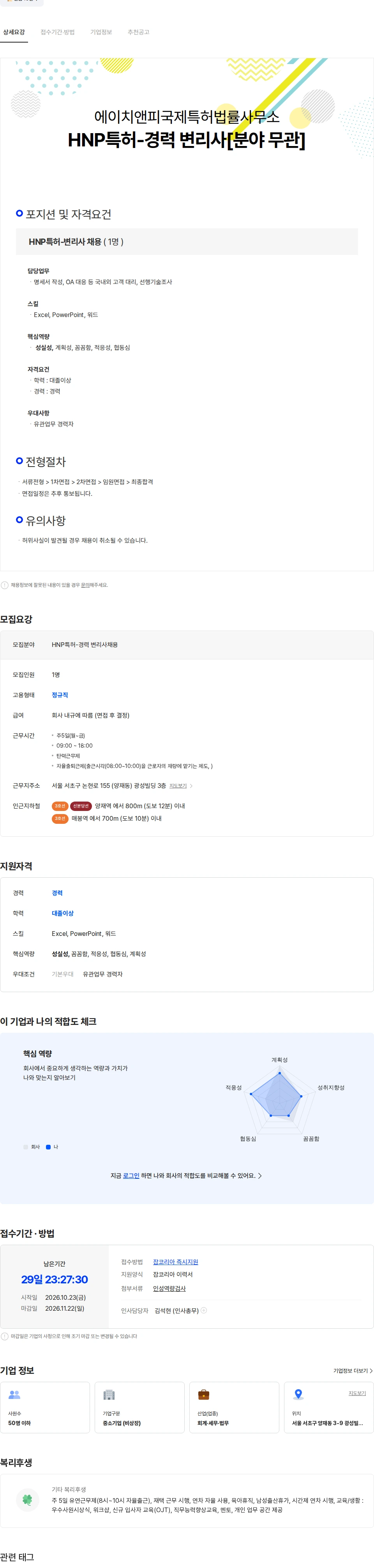 에이치앤피국제특허법률사무소 HNP특허-경력 변리사[분야 무관] 채용공고