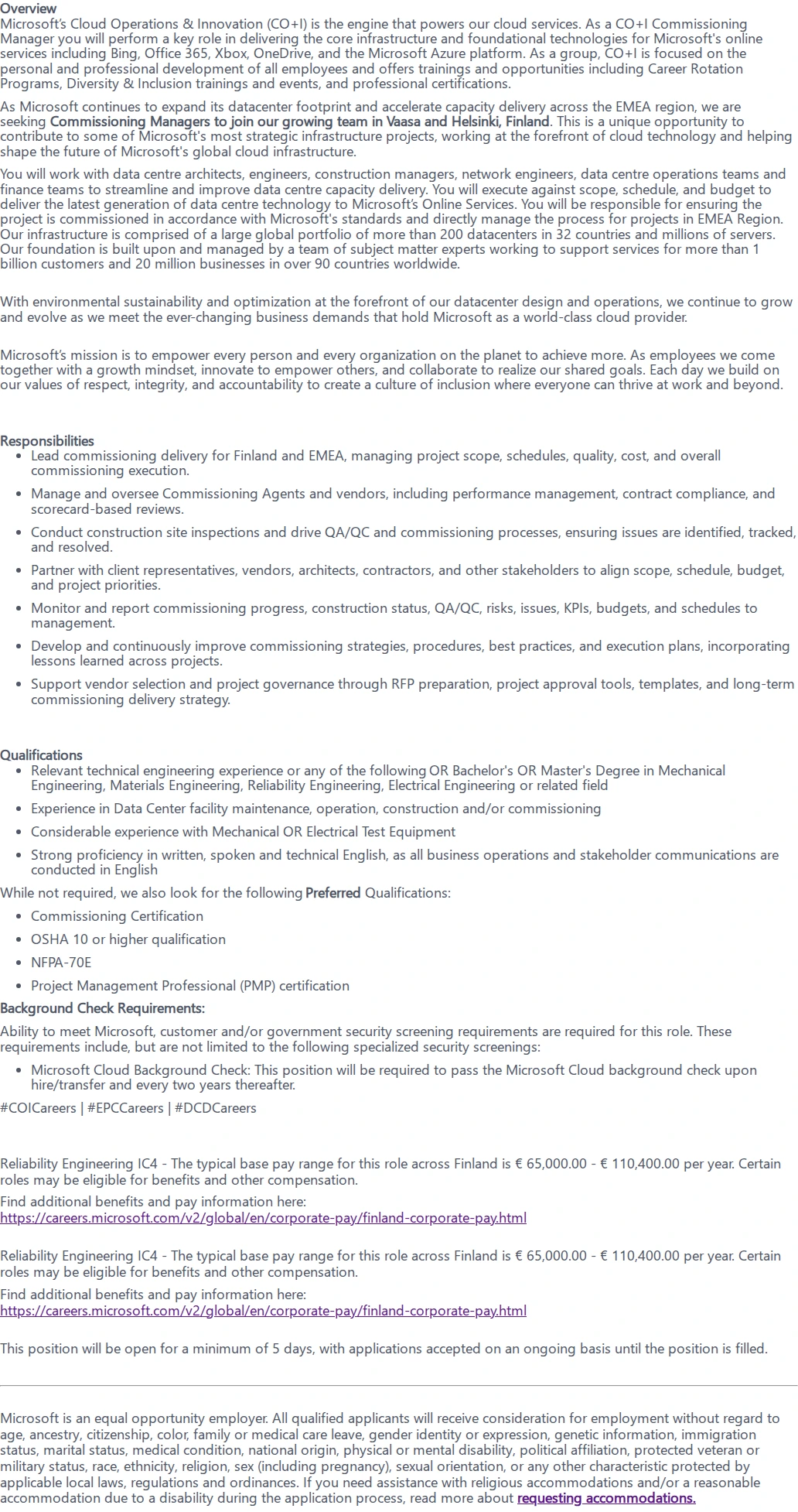 마이크로소프트(Microsoft) Commissioning Manager 채용공고