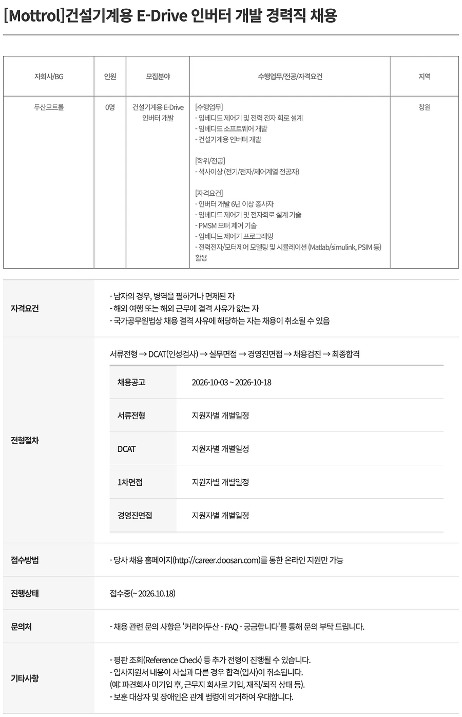 두산모트롤 [Mottrol] 건설기계용 E-Drive 인버터 개발 경력직 채용 채용공고