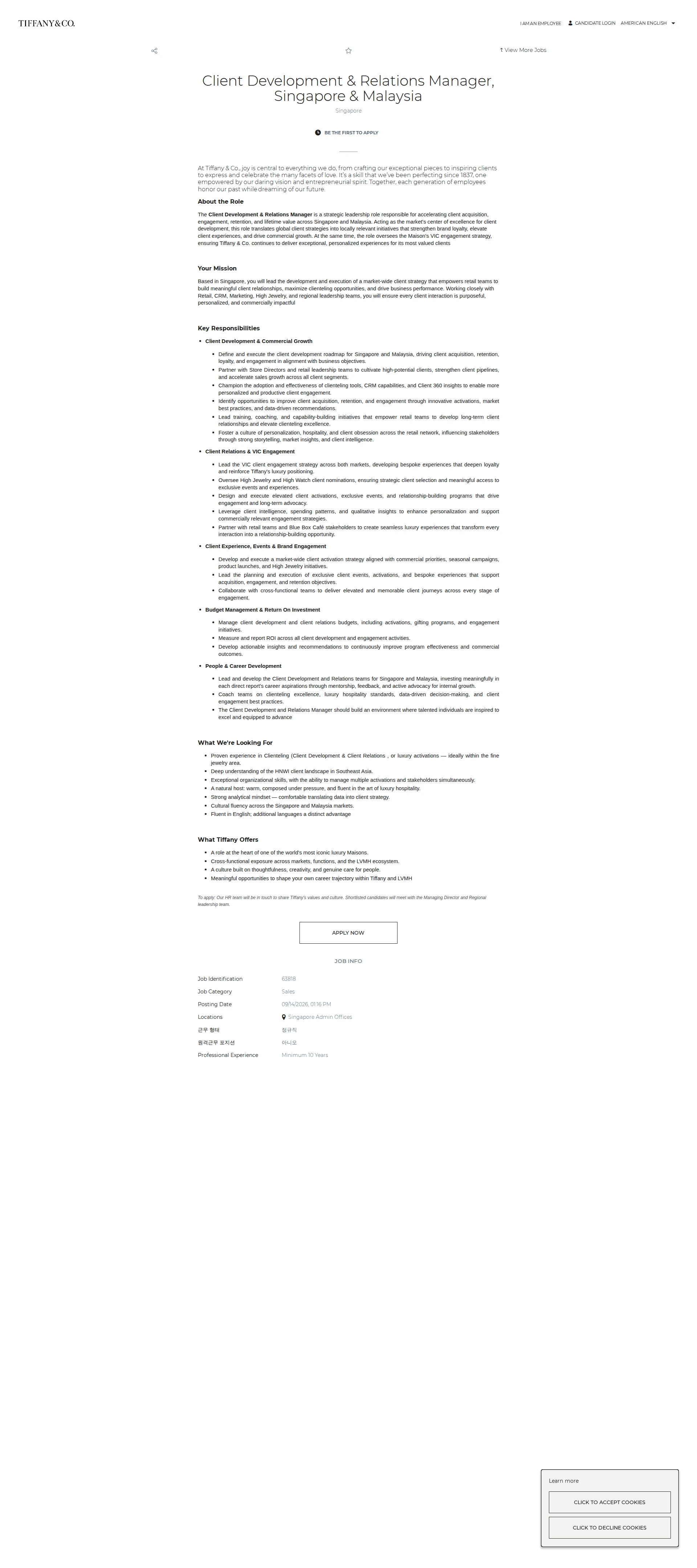 티파니앤코 Client Development & Relations Manager, Singapore & Malaysia 채용공고