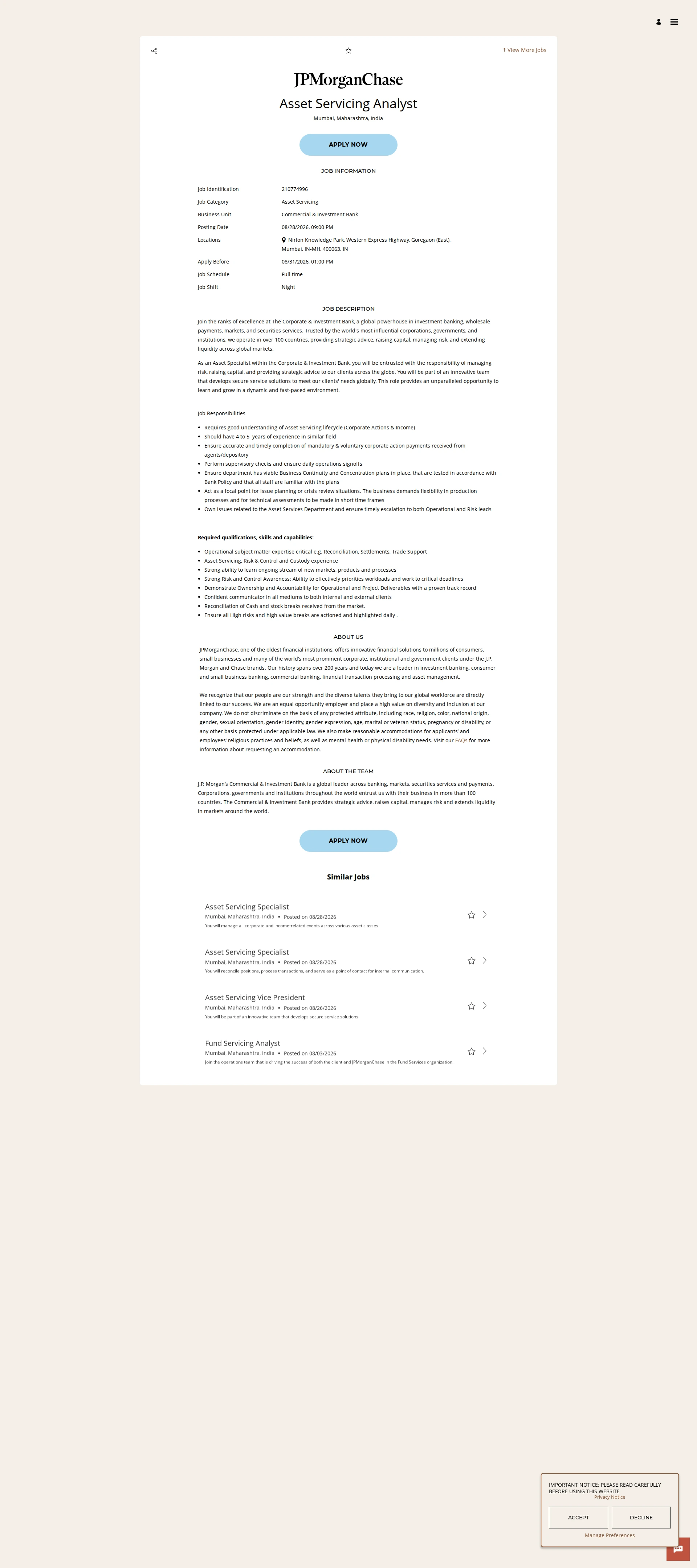 JPMorganChase Asset Servicing Analyst 채용공고