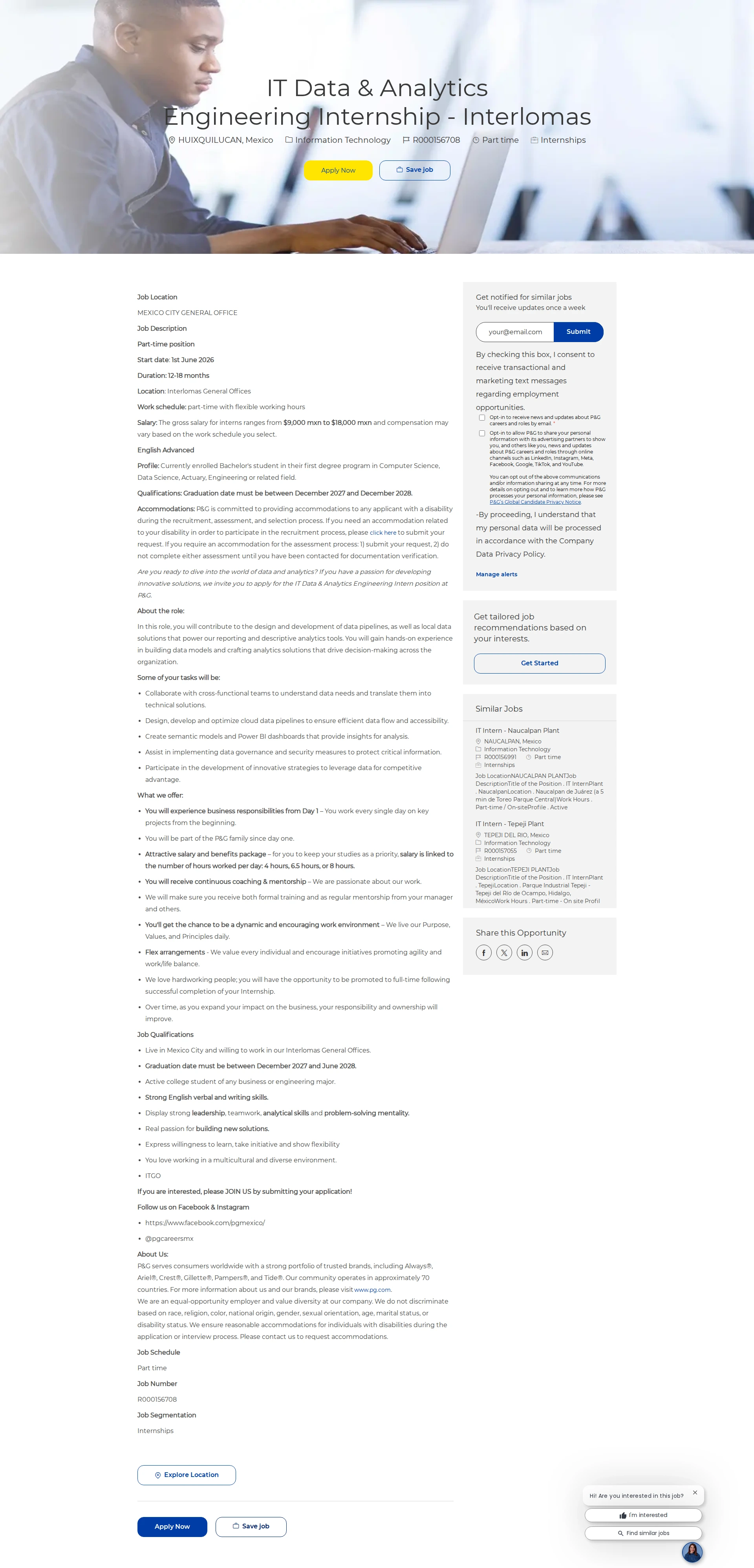 P&G IT Data & Analytics Engineering Internship - Interlomas 채용공고