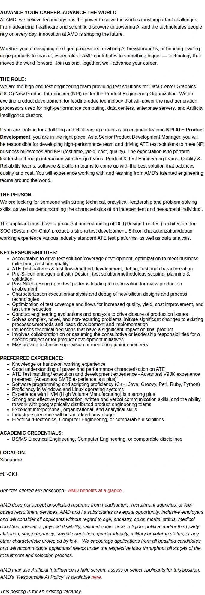 AMD Senior Product Development Manager (ATE) 채용공고