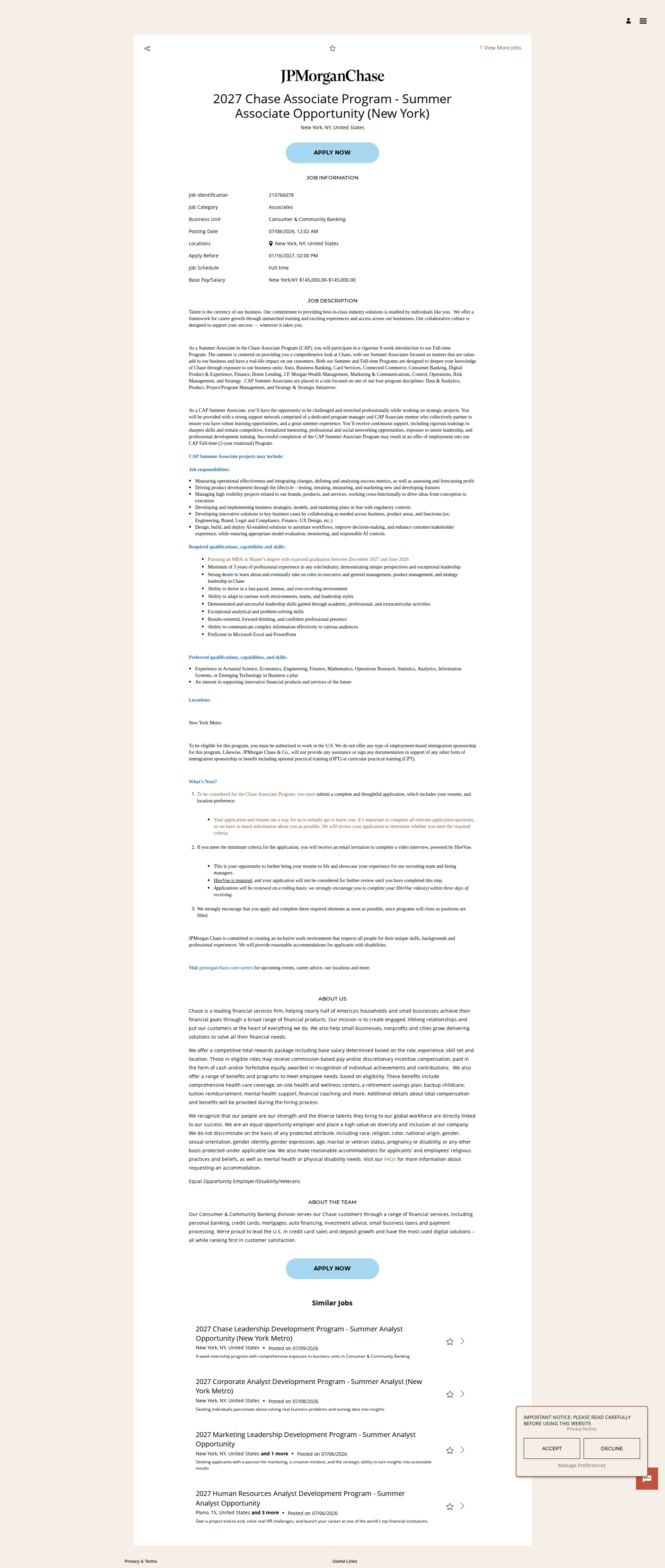 JPMorganChase 2027 Chase Associate Program - Summer Associate Opportunity (New York) 채용공고