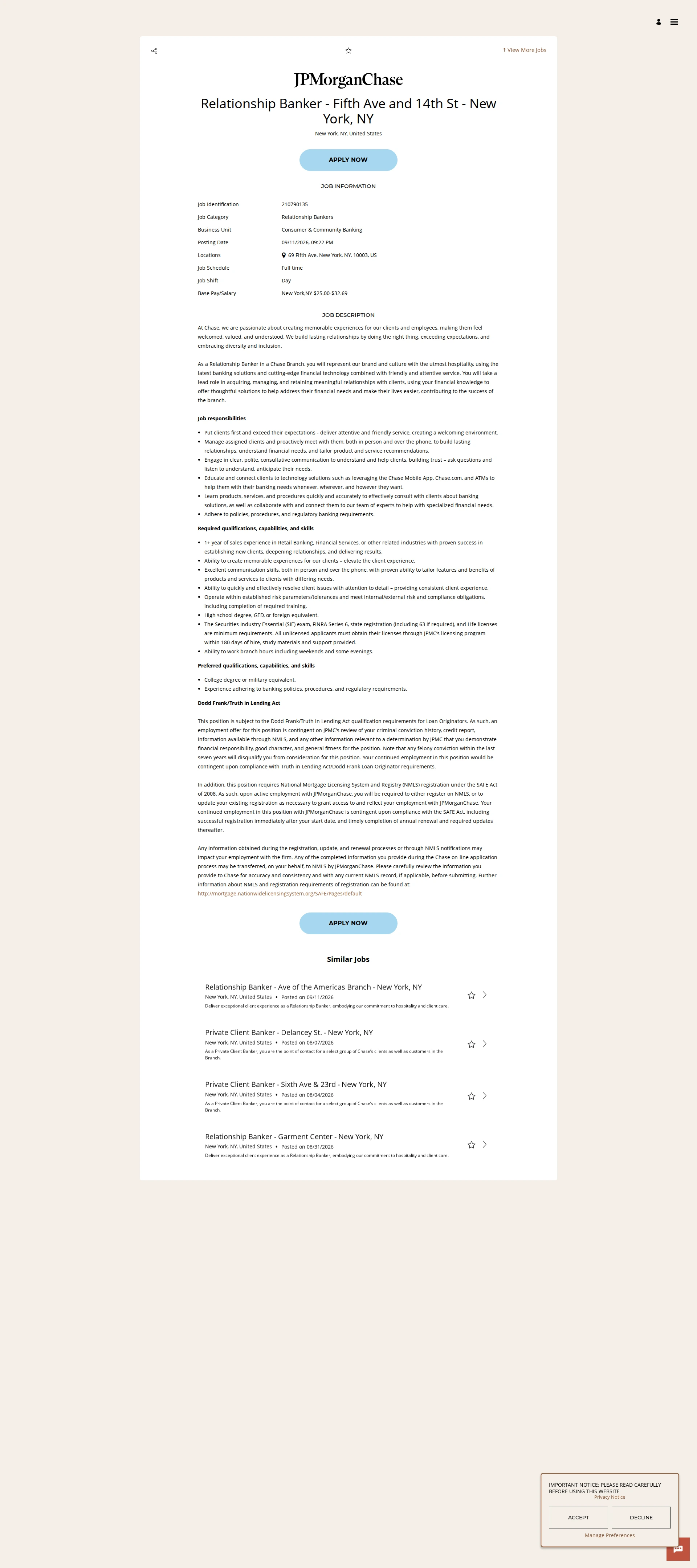 JPMorganChase Relationship Banker - Fifth Ave and 14th St - New York, NY 채용공고