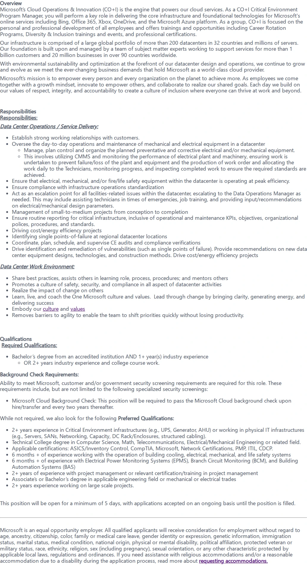 마이크로소프트(Microsoft) Critical Environmental Program Manager 채용공고