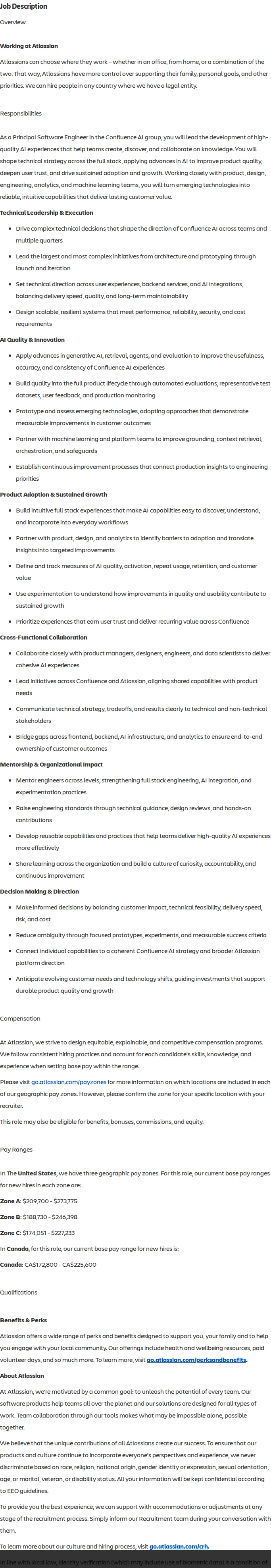 아틀라시안 Principal Software Engineer - Confluence AI 채용공고