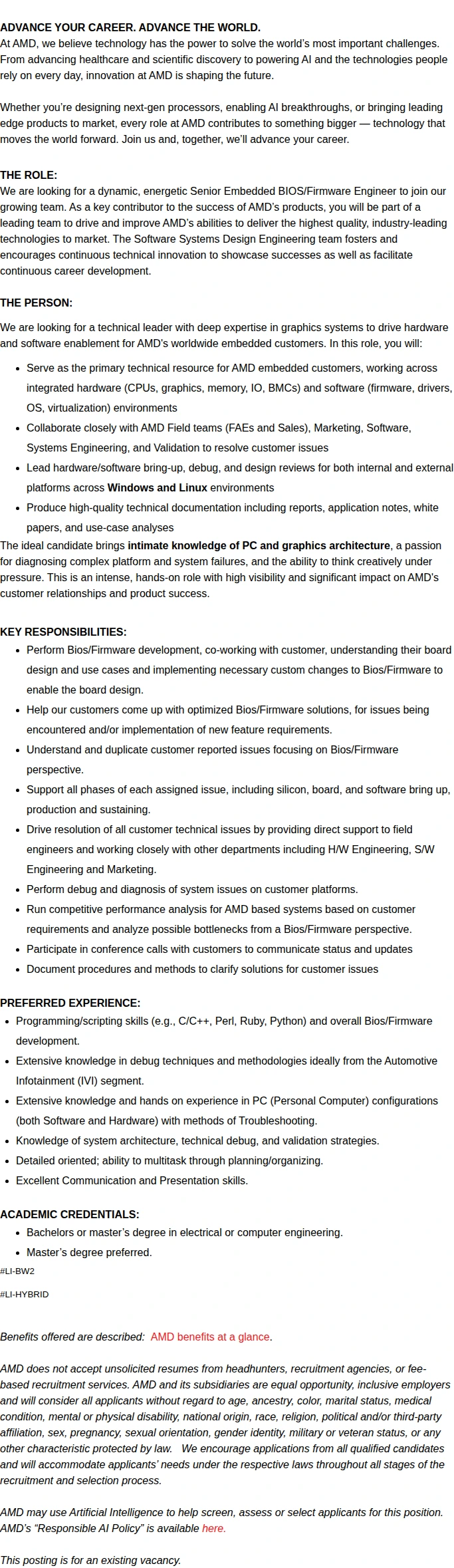 AMD Senior Embedded BIOS/Firmware Engineer 채용공고