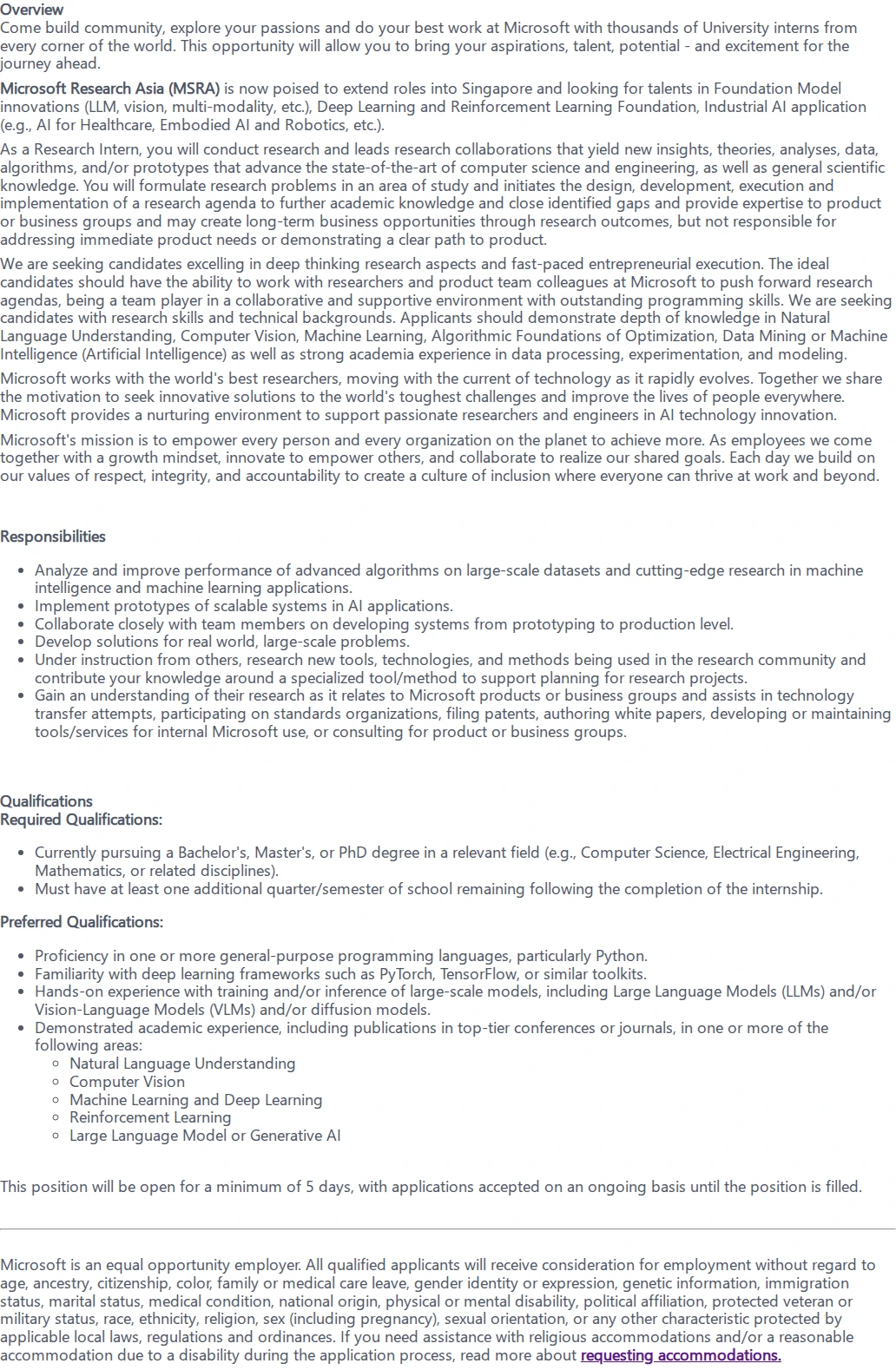 마이크로소프트(Microsoft) Research Intern 채용공고