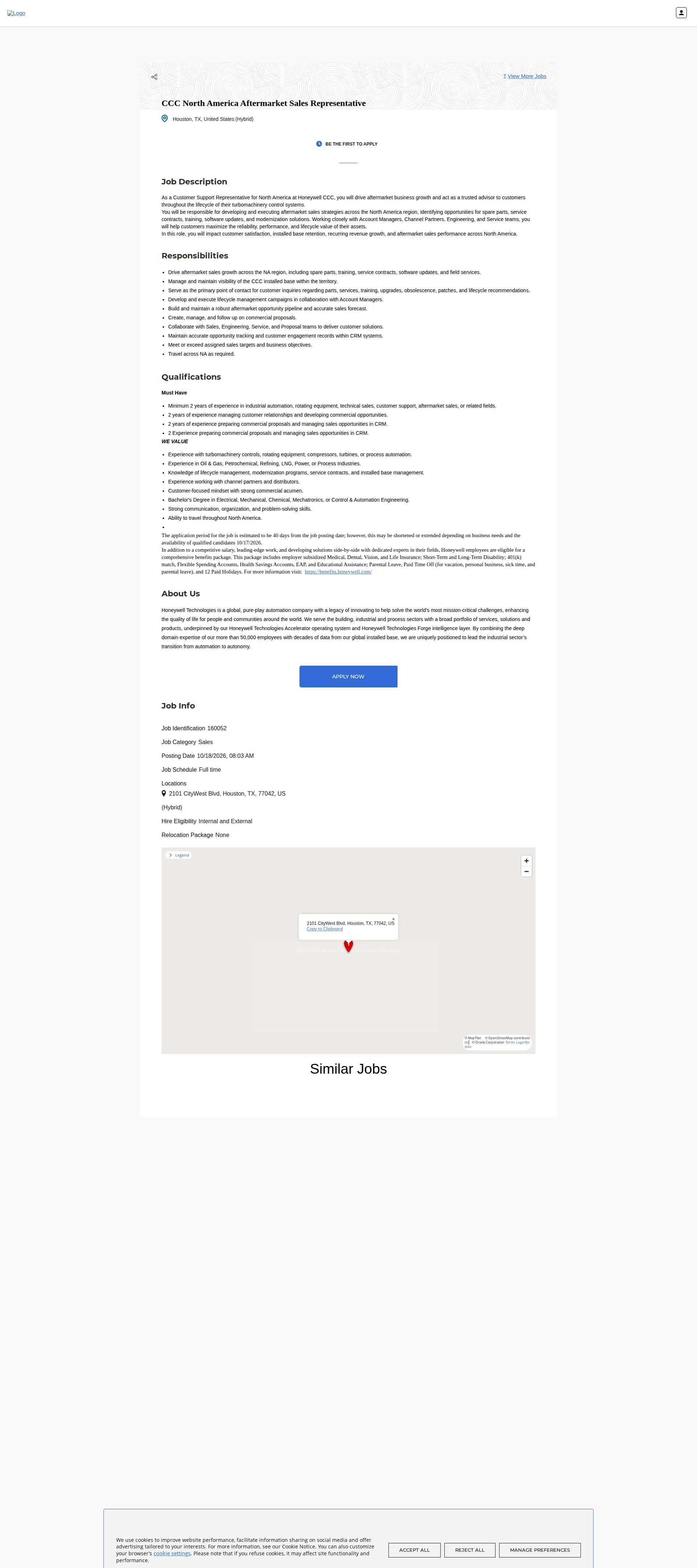 허니웰 CCC North America Aftermarket Sales Representative 채용공고