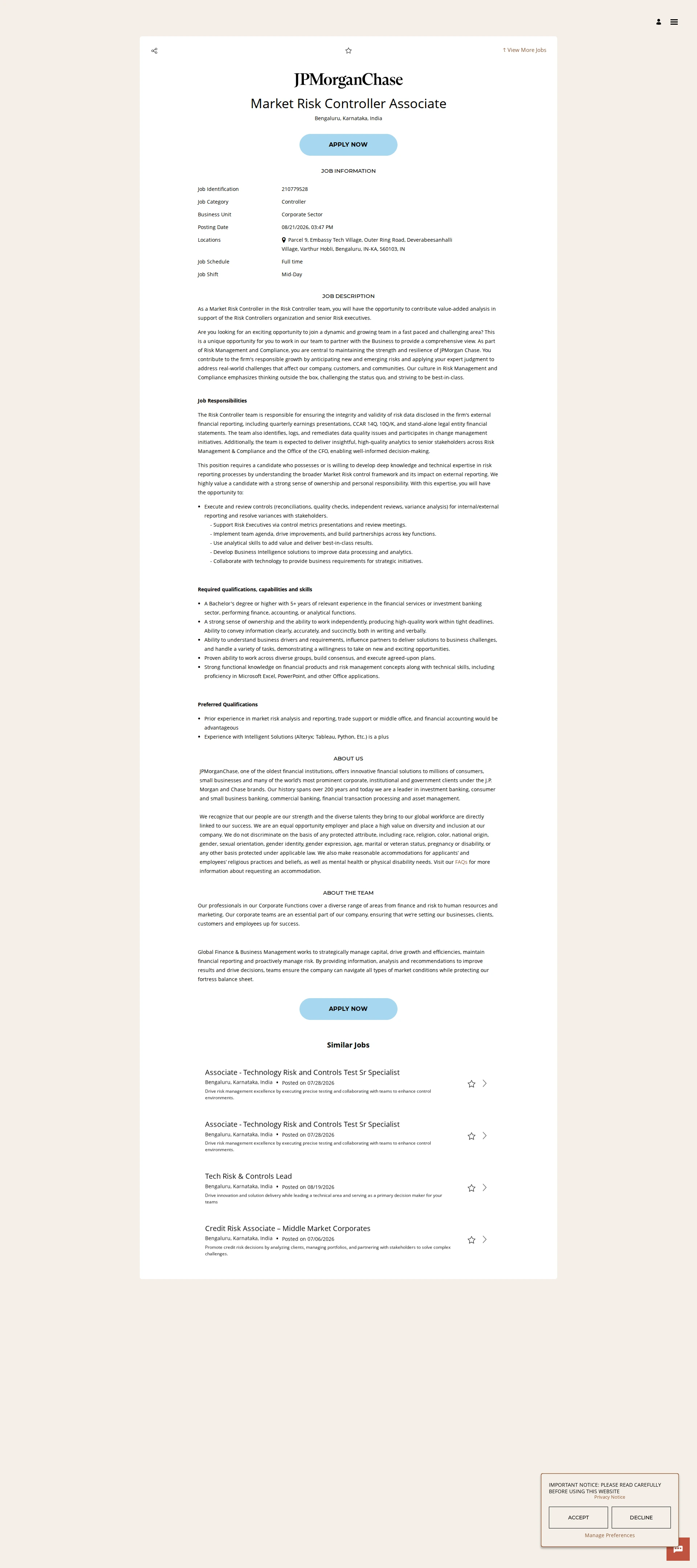 JPMorganChase Market Risk Controller Associate 채용공고