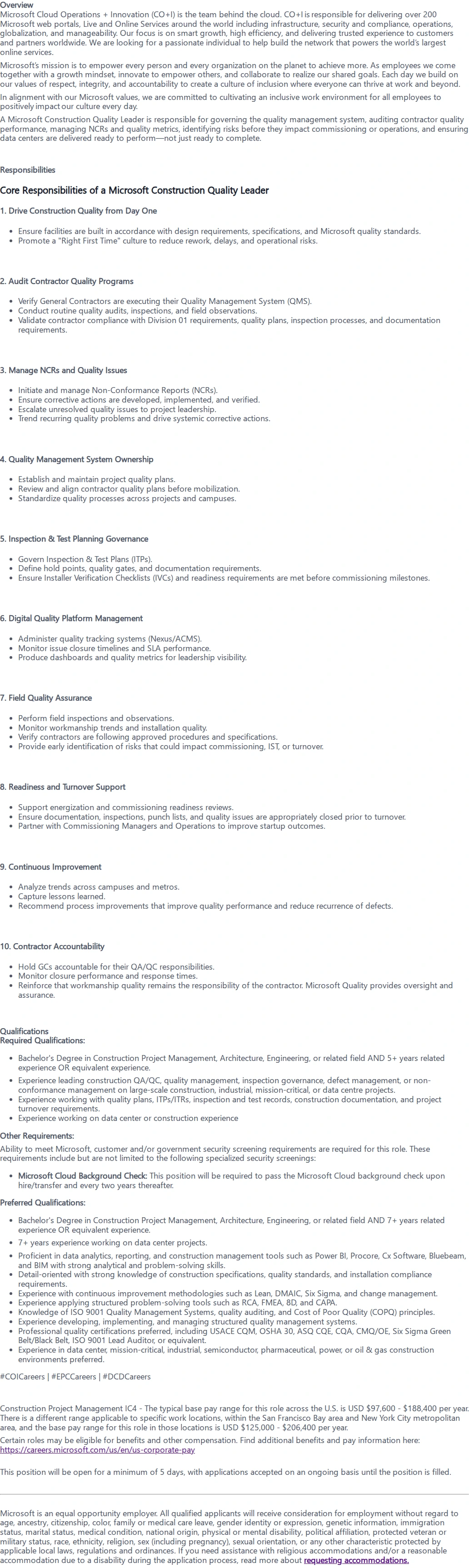 마이크로소프트(Microsoft) Metro Construction Quality Leader 채용공고