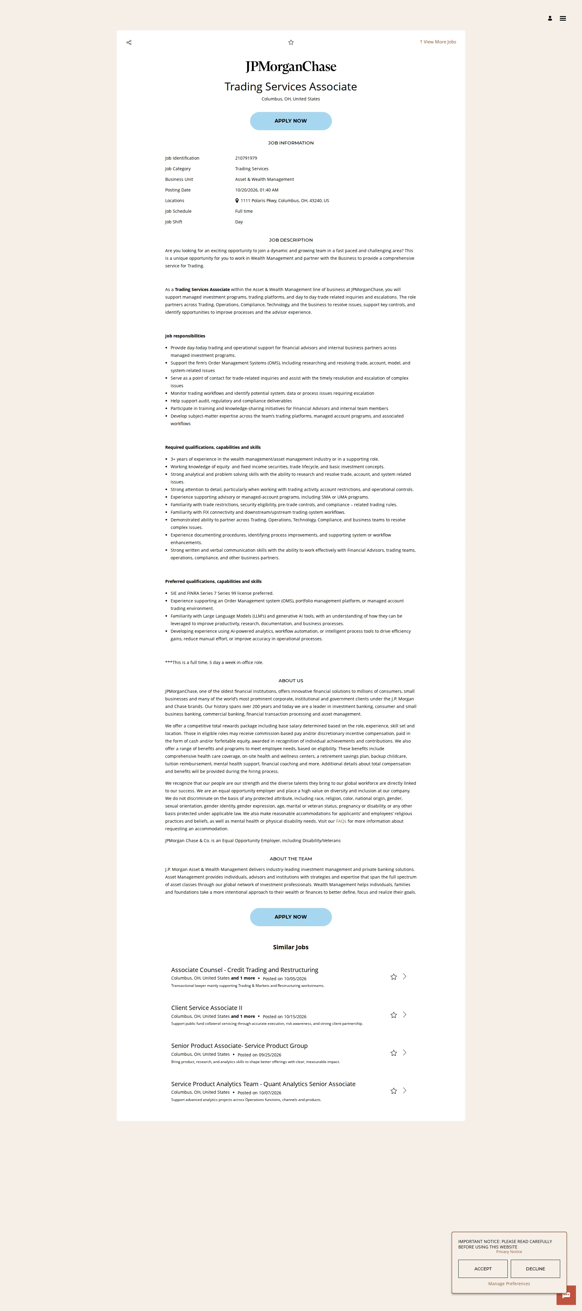 JPMorganChase Trading Services Associate 채용공고