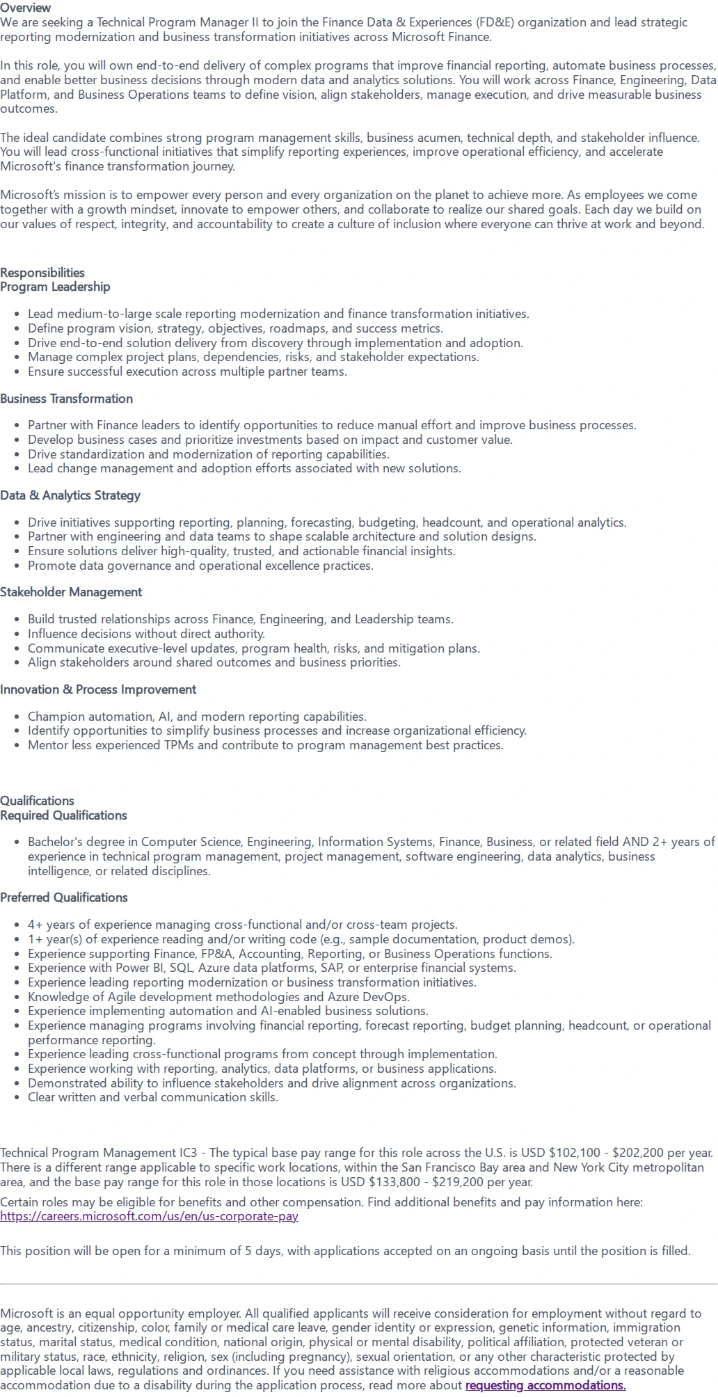 마이크로소프트(Microsoft) Technical Program Manager II - Finance Data & Experiences 채용공고
