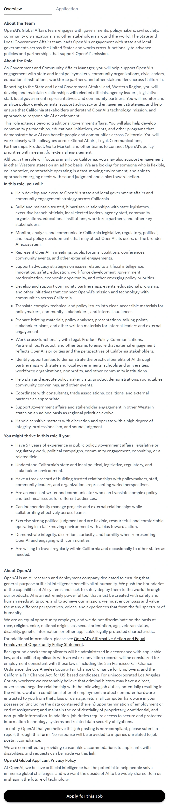 오픈에이아이(OpenAI) Government and Community Affairs Manager 채용공고