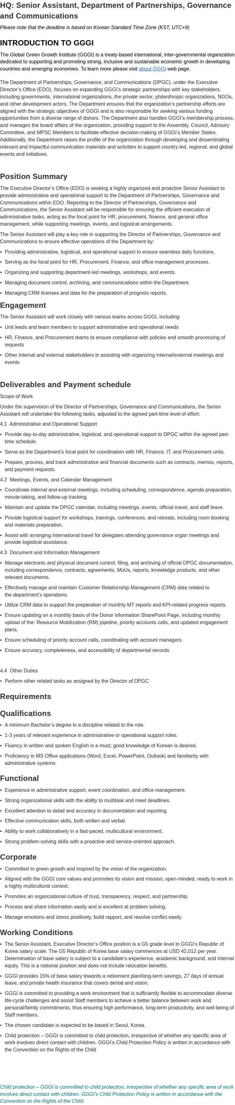 글로벌녹색성장기구 HQ: Senior Assistant, Department of Partnerships, Governance and Communications 채용공고