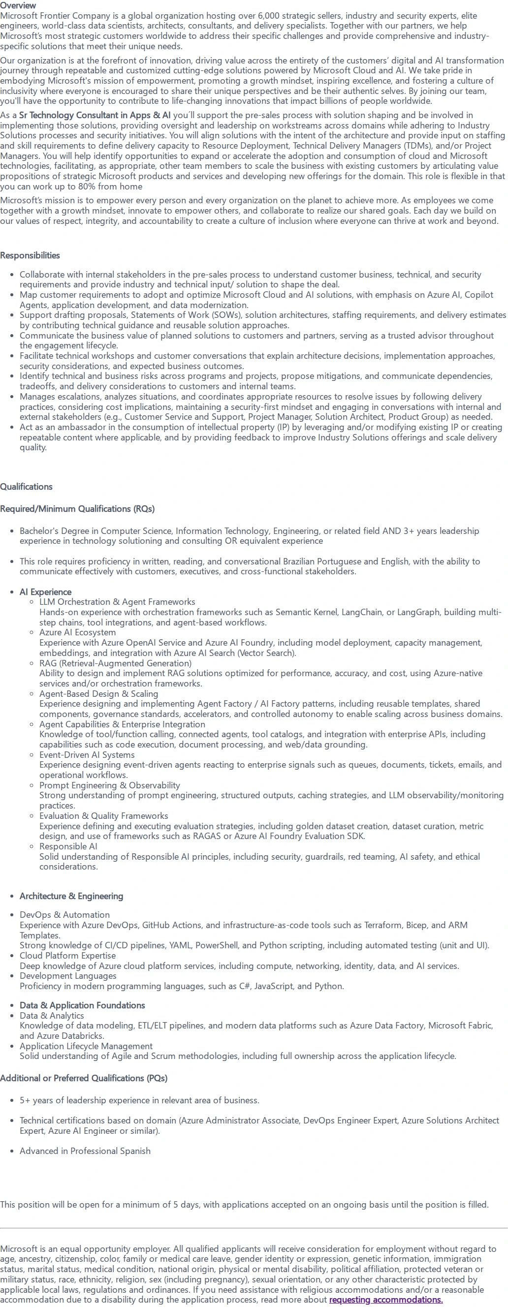 마이크로소프트(Microsoft) Sr Technology Consultant - Apps & AI 채용공고
