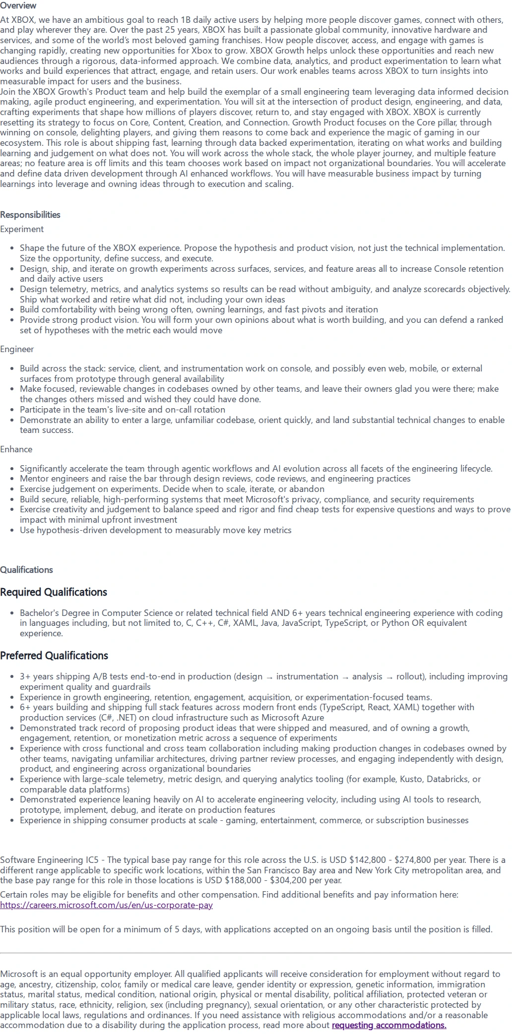 마이크로소프트(Microsoft) Principal Software Development Engineer - XBOX Product Growth 채용공고
