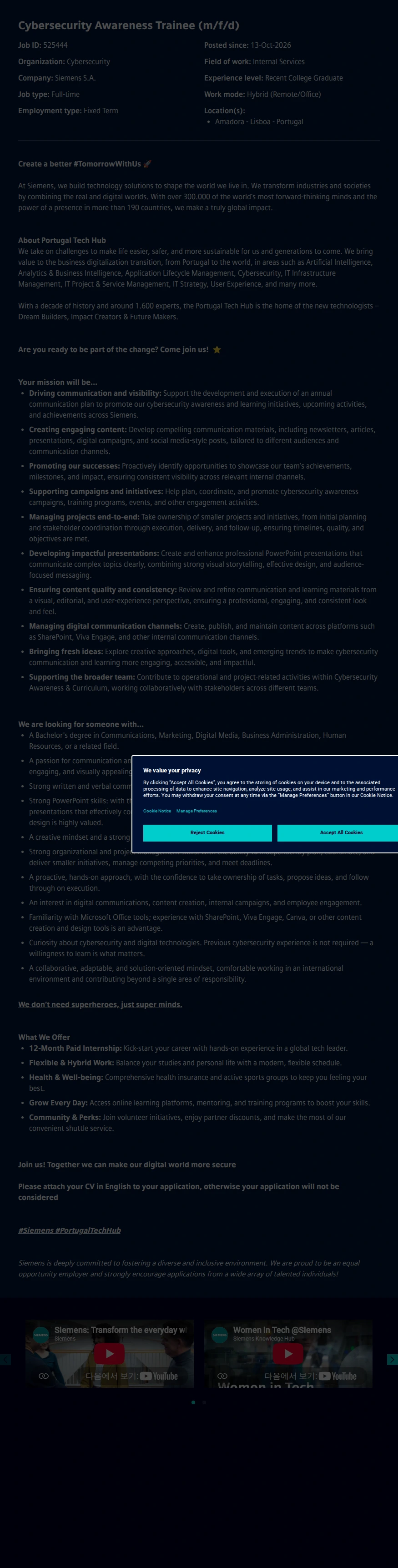 지멘스 Cybersecurity Awareness Trainee (m/f/d) 채용공고