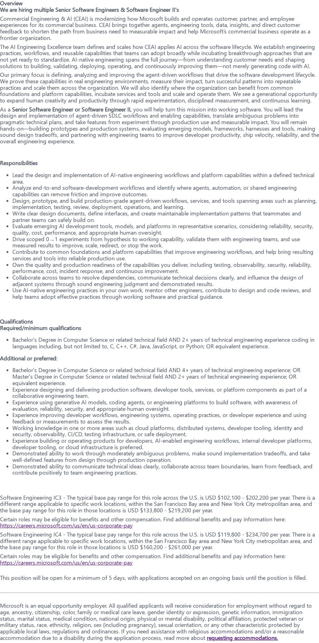 마이크로소프트(Microsoft) Senior Software Engineer/Software Engineer II 채용공고