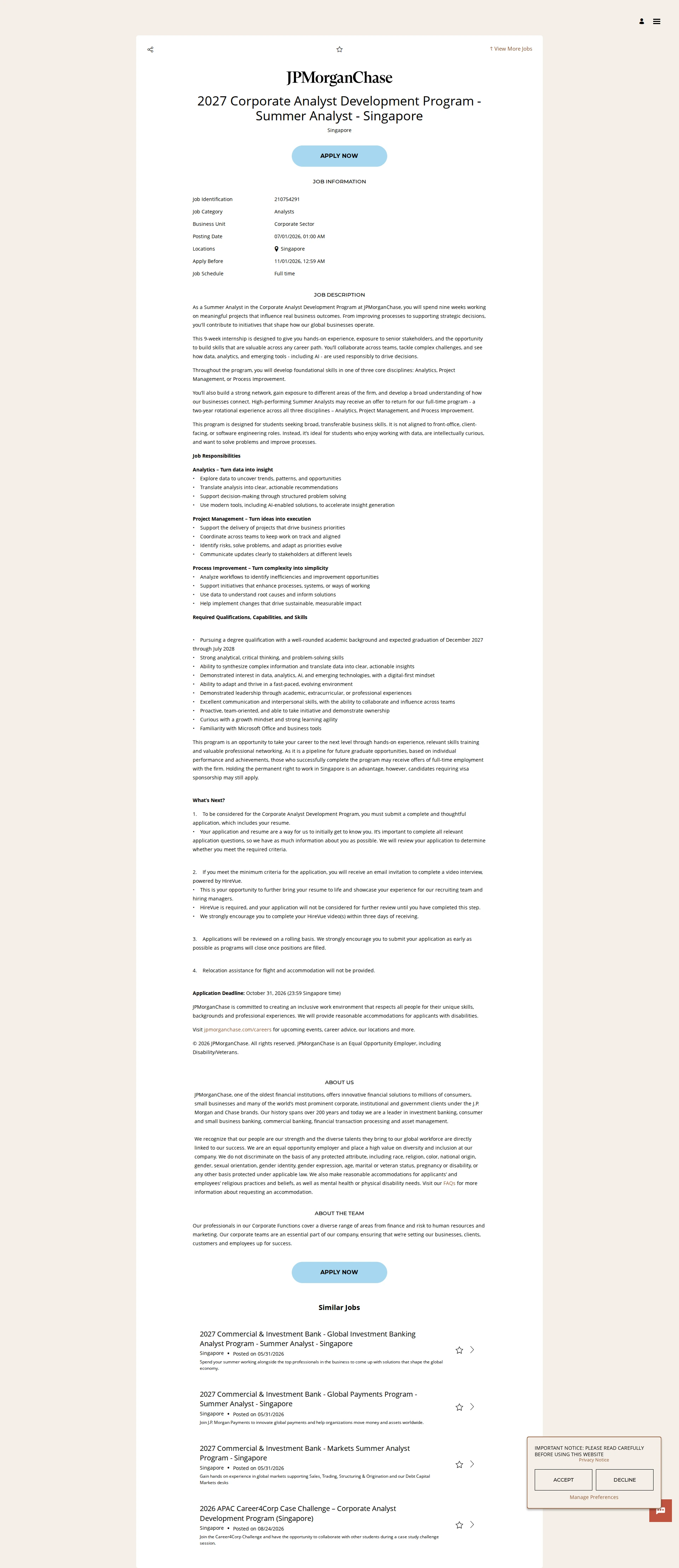 JPMorganChase 2027 Corporate Analyst Development Program - Summer Analyst - Singapore 채용공고
