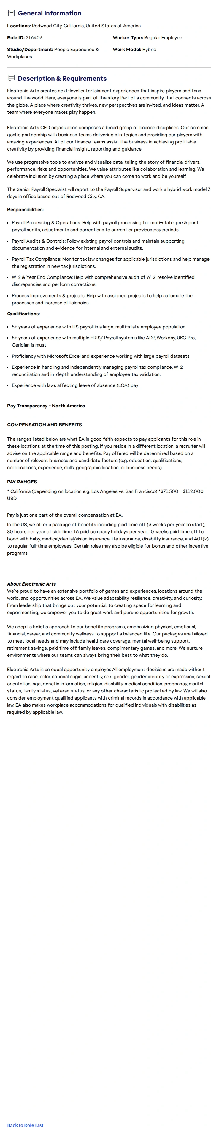 ElectronicArts Senior Payroll Specialist 채용공고