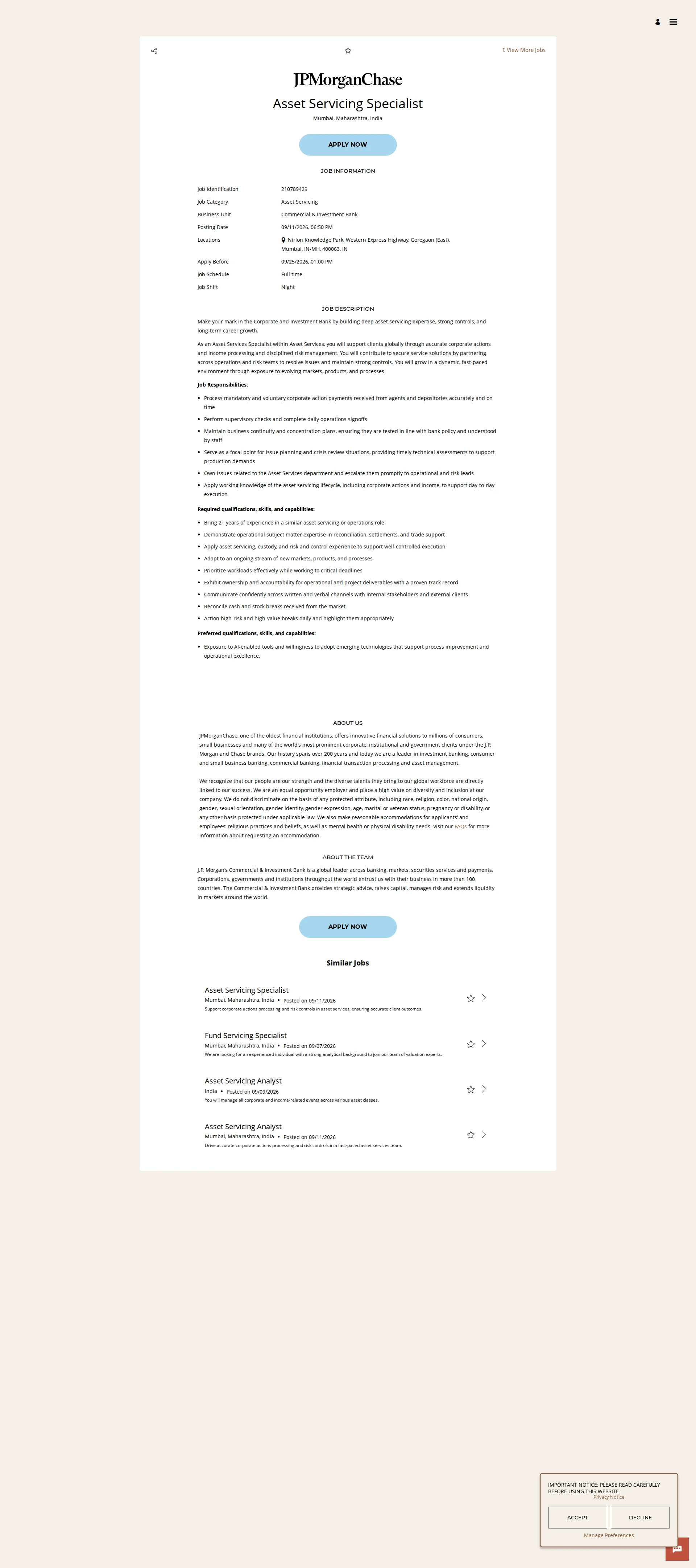 JPMorganChase Asset Servicing Specialist 채용공고