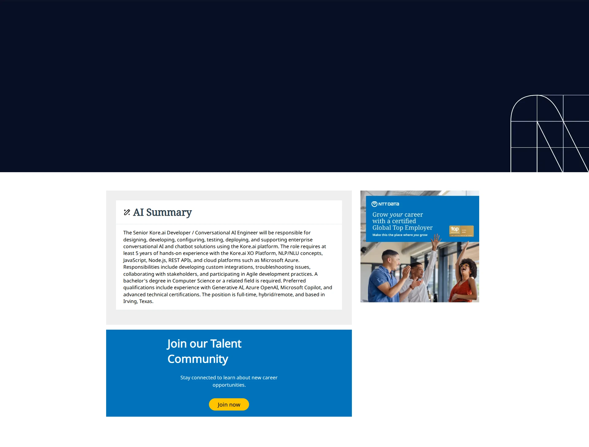 NTT데이터 Senior Kore.ai Developer / Conversational AI Engineer (FTE) 채용공고