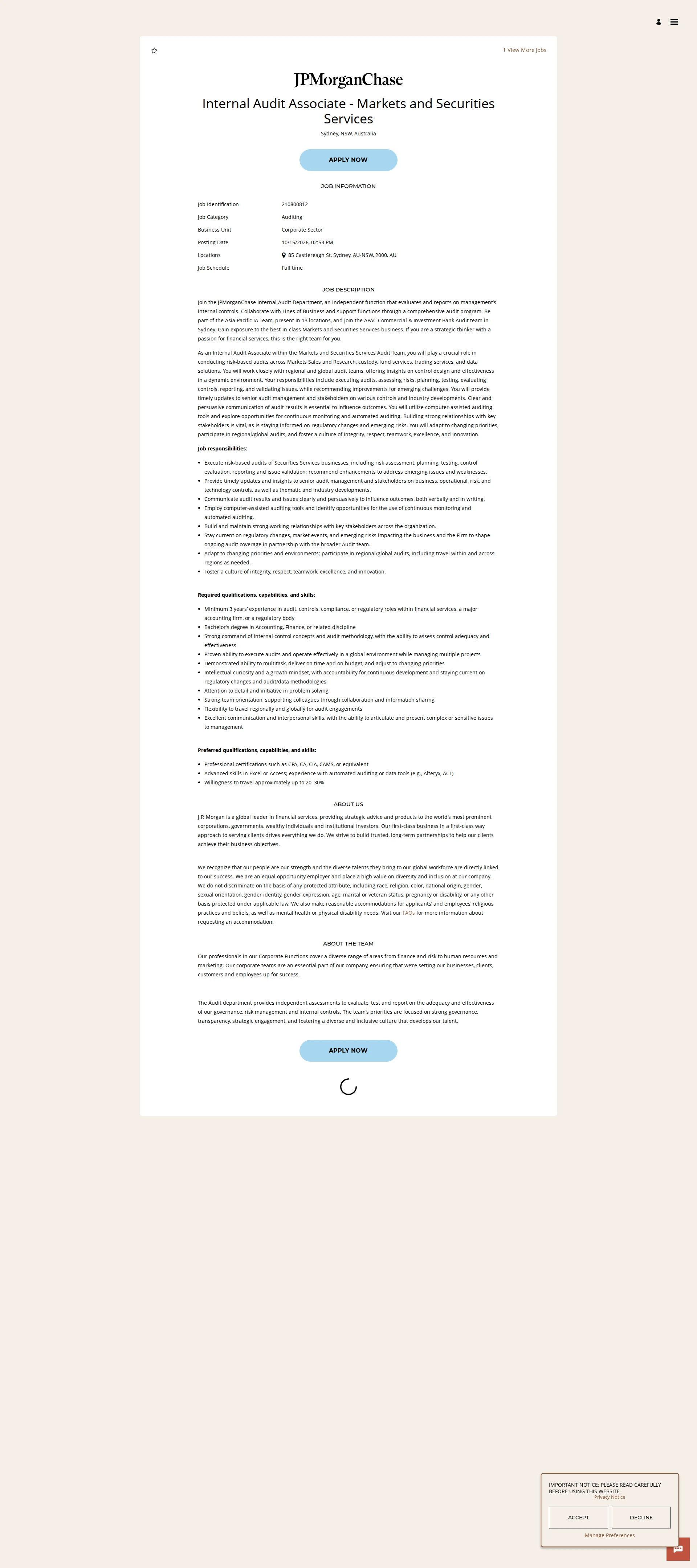 JPMorganChase Internal Audit Associate - Markets and Securities Services 채용공고
