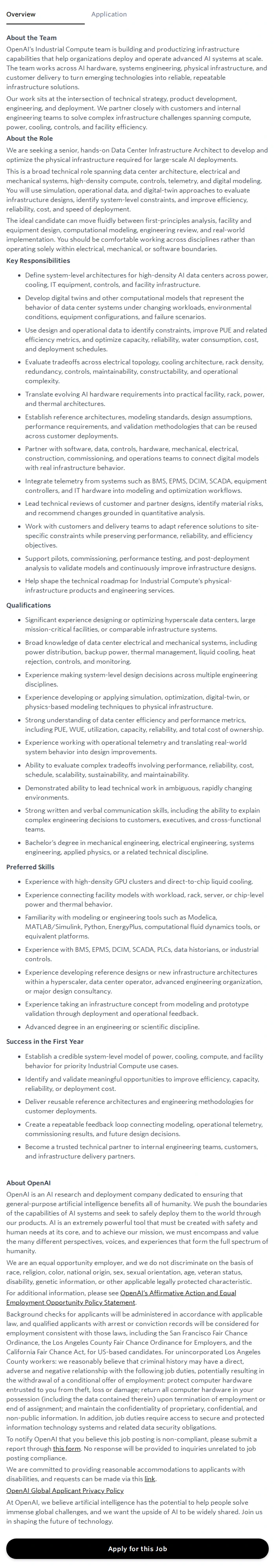 오픈에이아이(OpenAI) Data Center Infrastructure Architect 채용공고