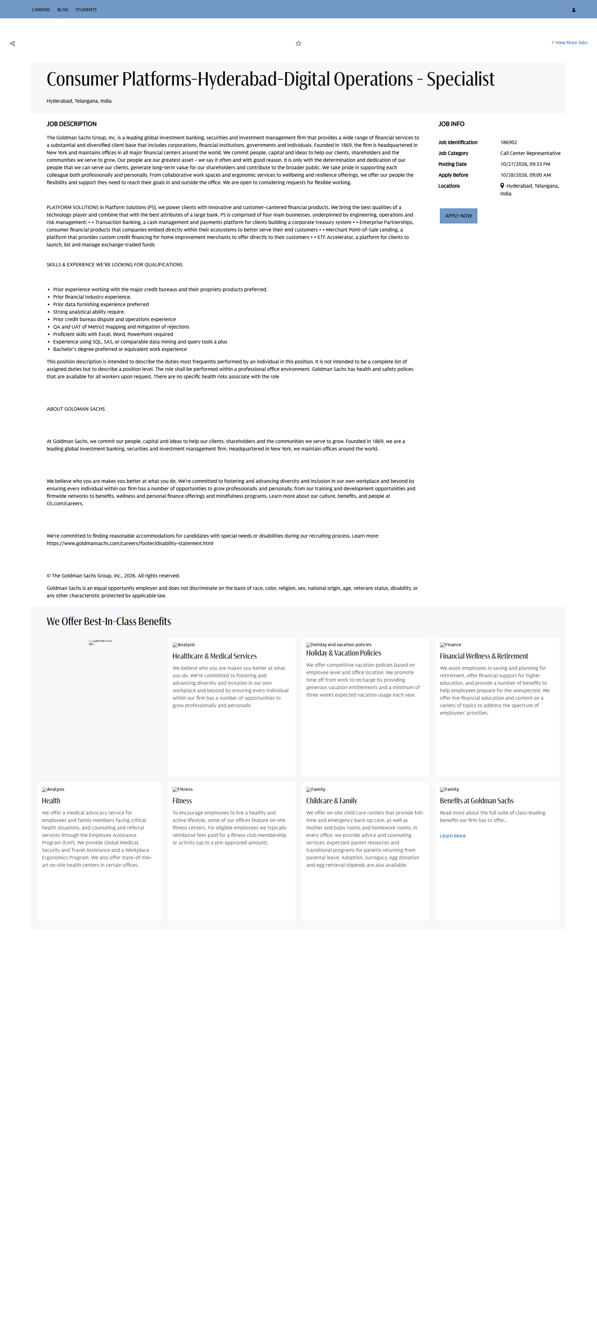 골드만삭스 Consumer Platforms-Hyderabad-Digital Operations - Specialist 채용공고
