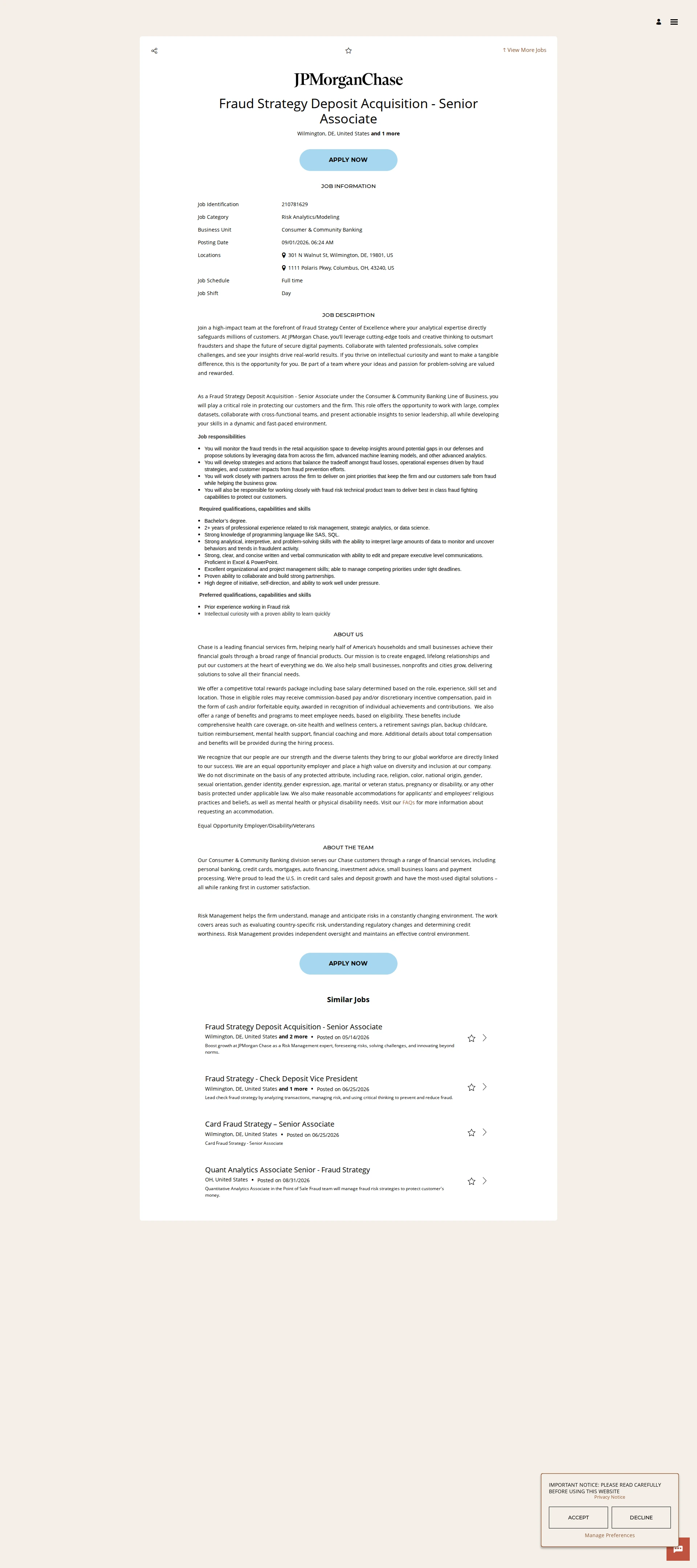 JPMorganChase Fraud Strategy Deposit Acquisition - Senior Associate 채용공고