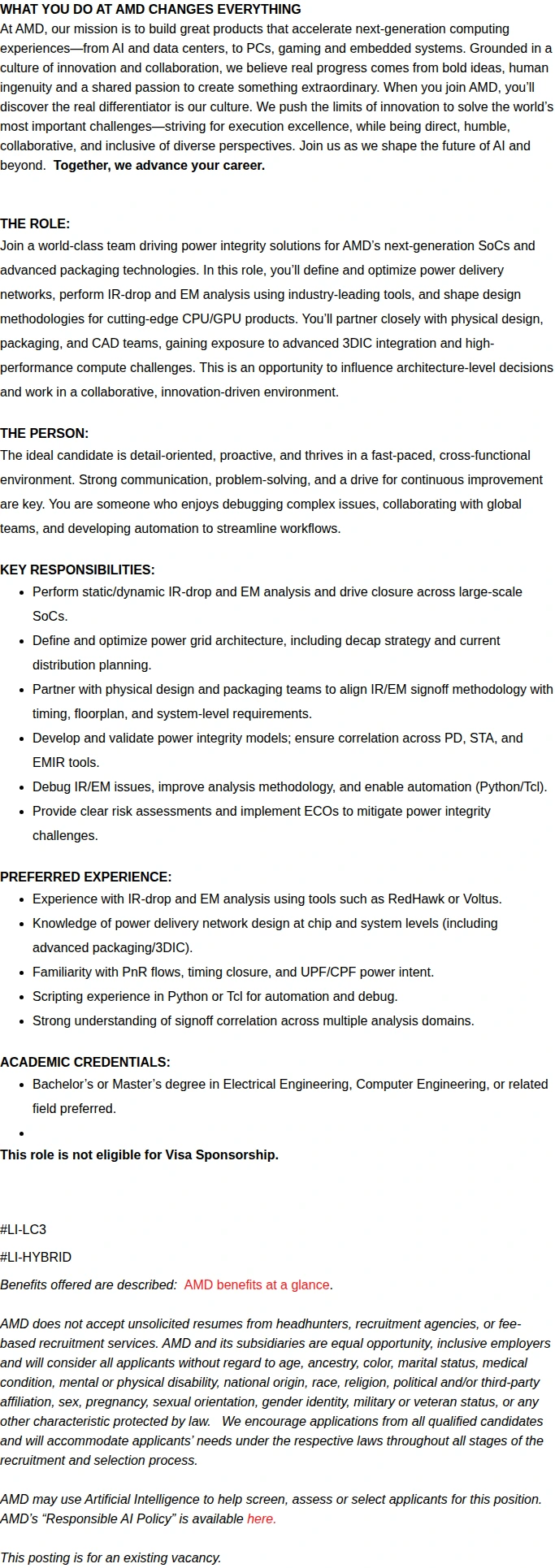 AMD IREM Physical Design Engineer 채용공고