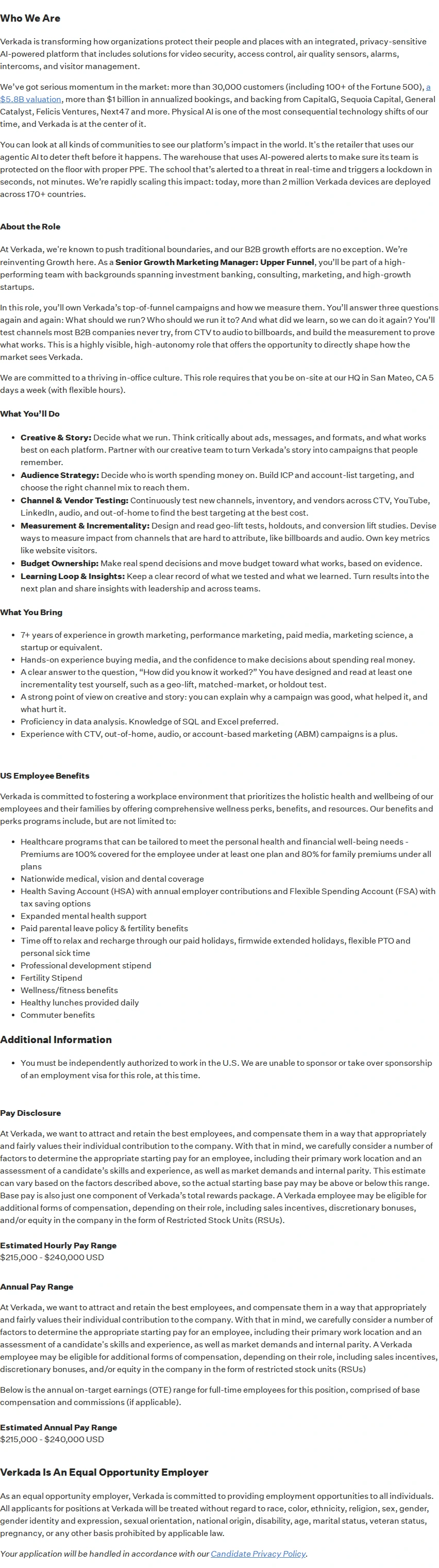 버카다 Senior Growth Marketing Manager, Upper Funnel 채용공고