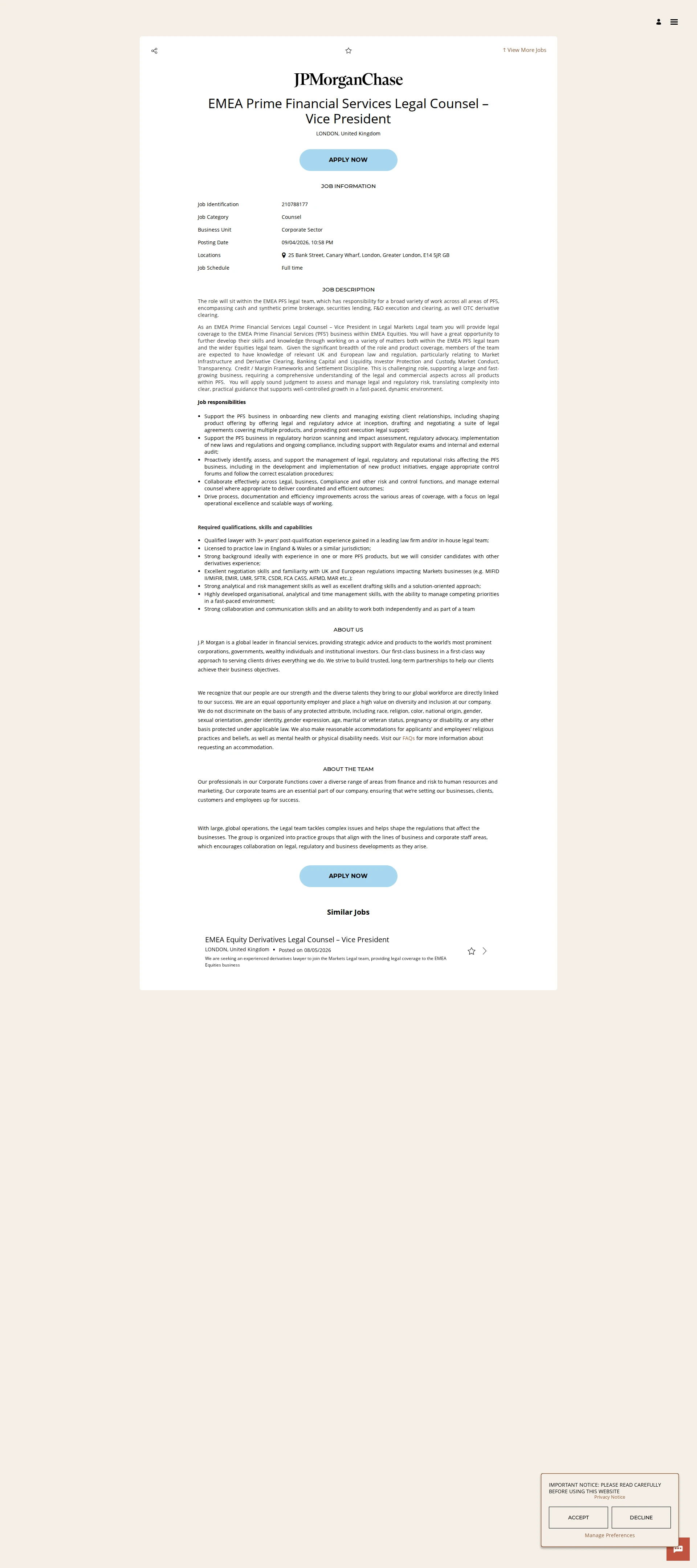 JPMorganChase EMEA Prime Financial Services Legal Counsel – Vice President 채용공고