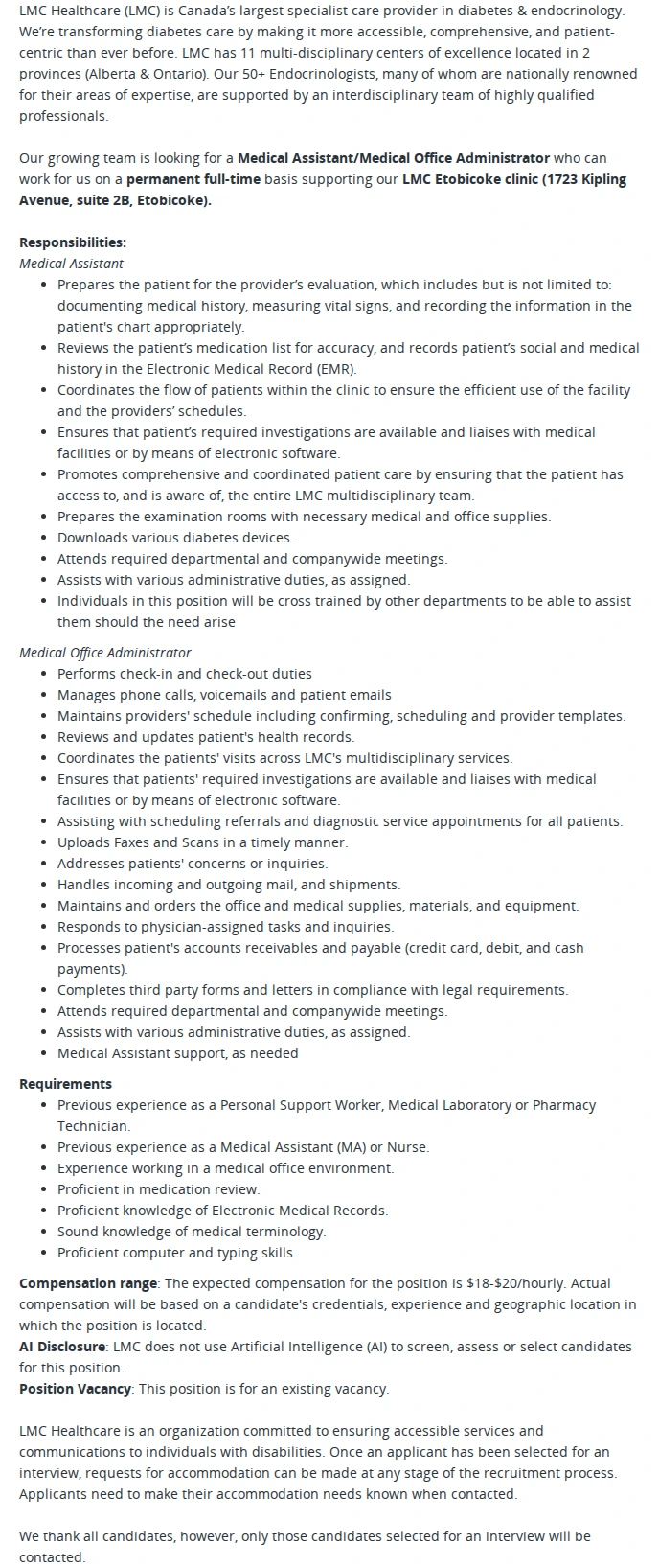 LMC Healthcare Medical Assistant/Medical Office Administrator 채용공고