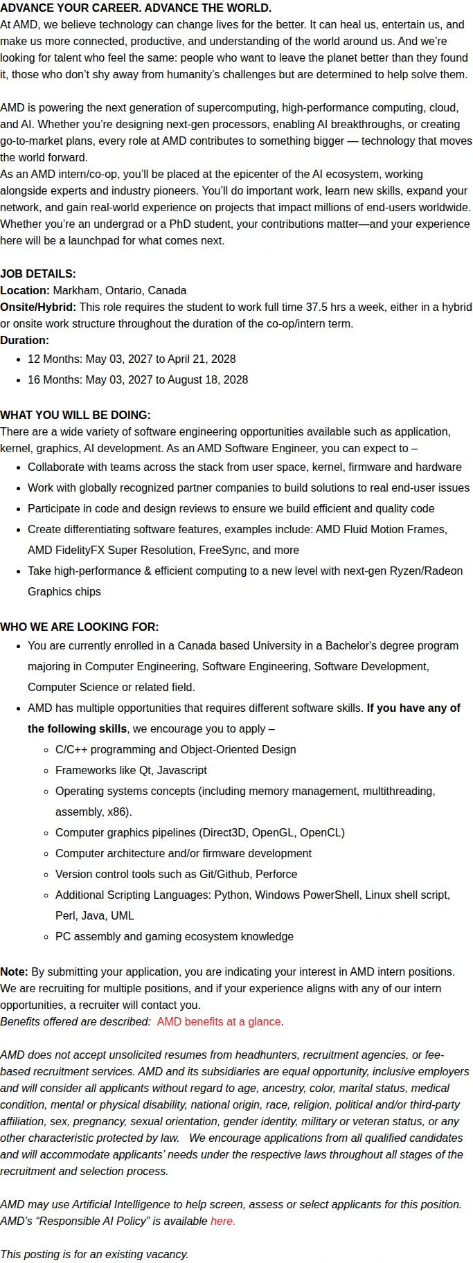 AMD Summer 2027 Long Term Graphics Software Engineering Intern/Co-Op 채용공고