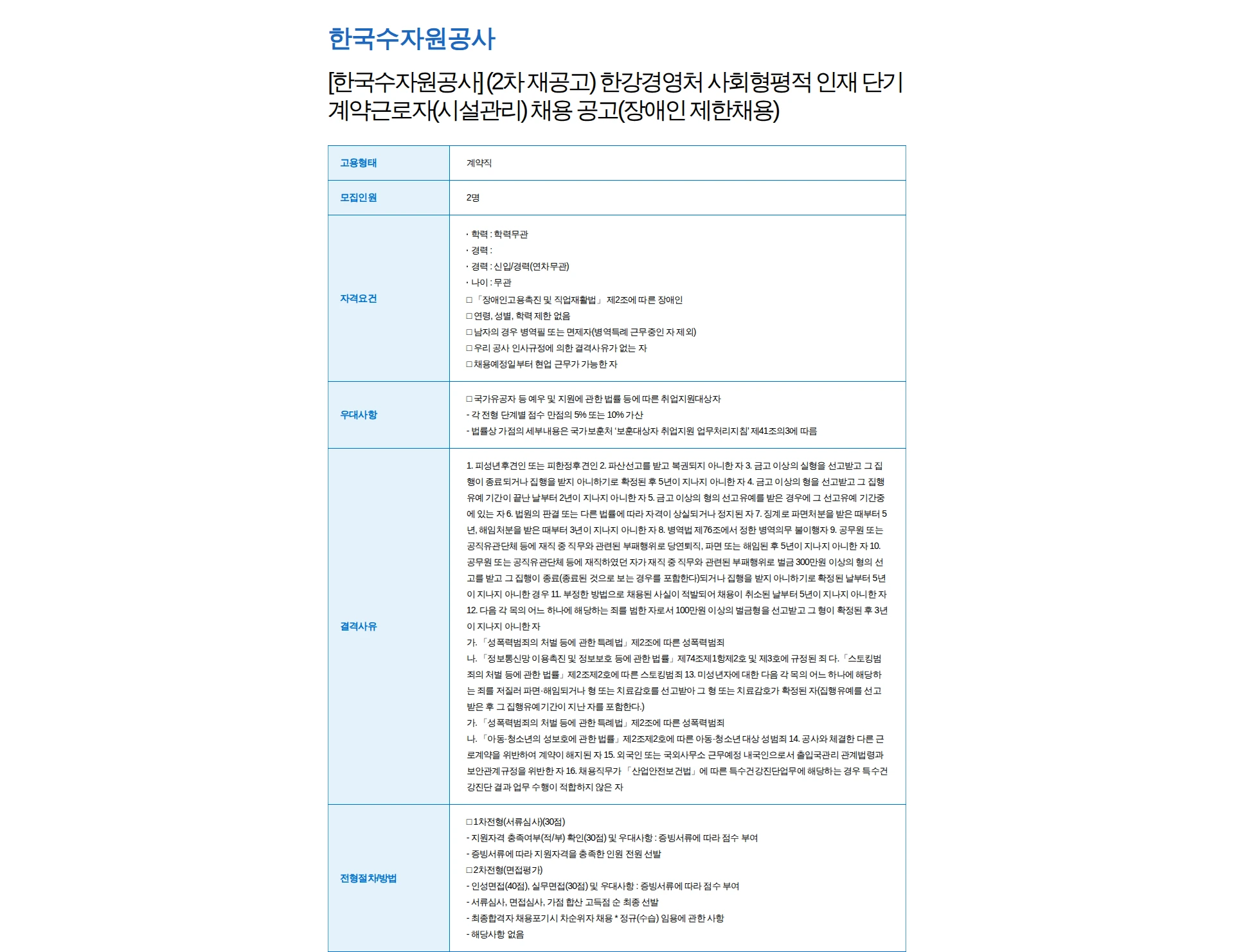한국수자원공사 [한국수자원공사] (2차 재공고) 한강경영처 사회형평적 인재 단기계약근로자(시설관리) 채용 공고(장애인 제한채용) 채용공고