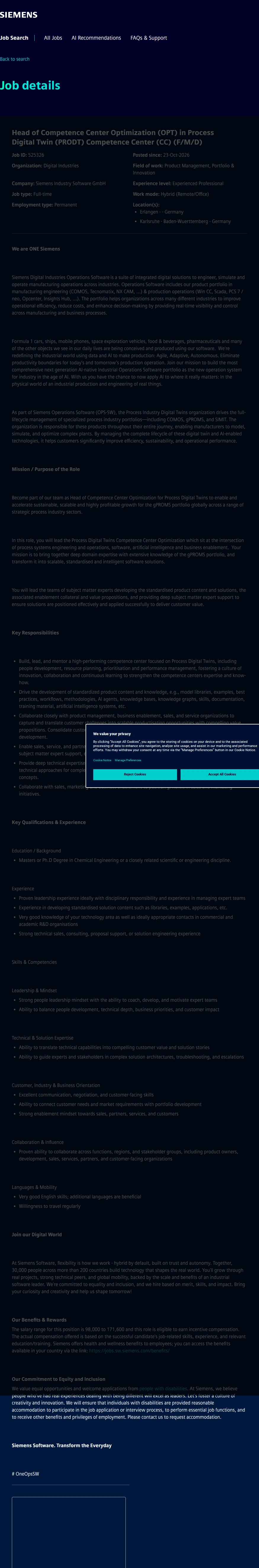 지멘스 Head of Competence Center Optimization (OPT) in Process Digital Twin (PRODT) Competence Center (CC) (F/M/D) 채용공고