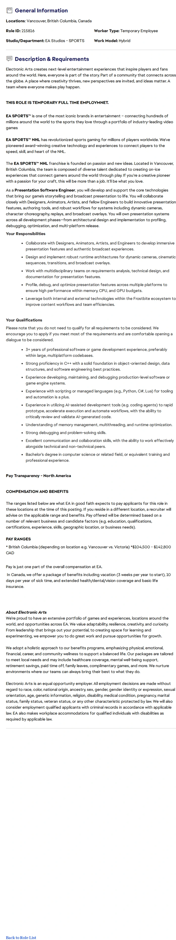 ElectronicArts Presentation Software Engineer - EA SPORTS™ NHL (TFT) 채용공고